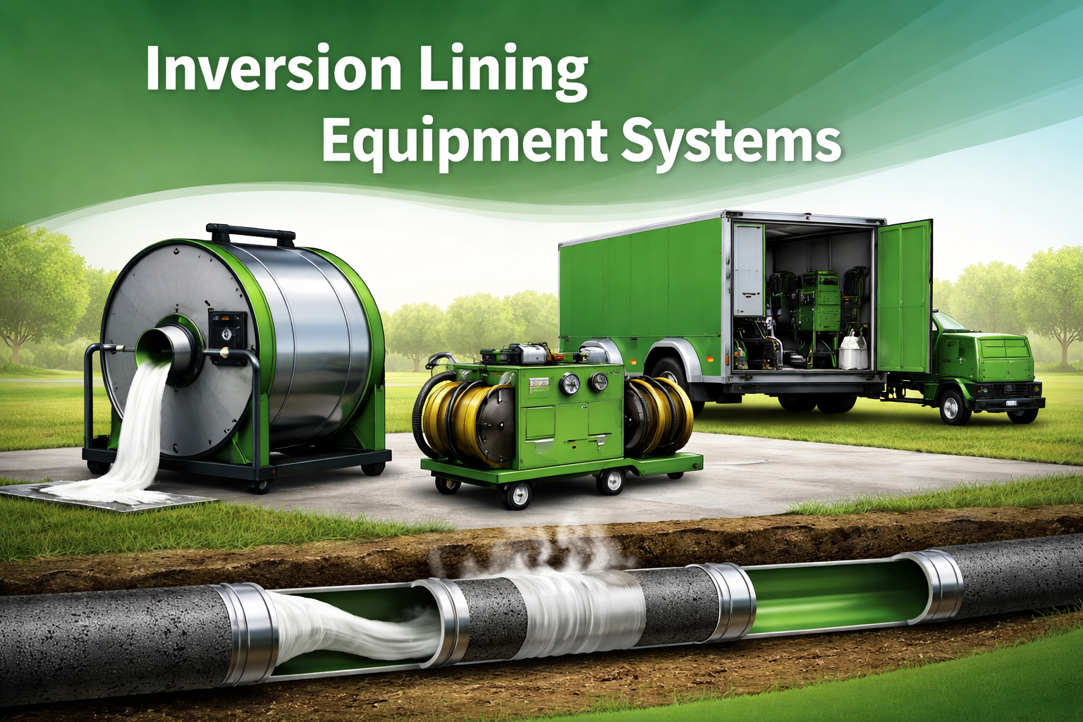 Animated illustration of inversion lining equipment system with trenchless pipe rehabilitation process, showing liner installation inside underground pipeline with green industrial machines.