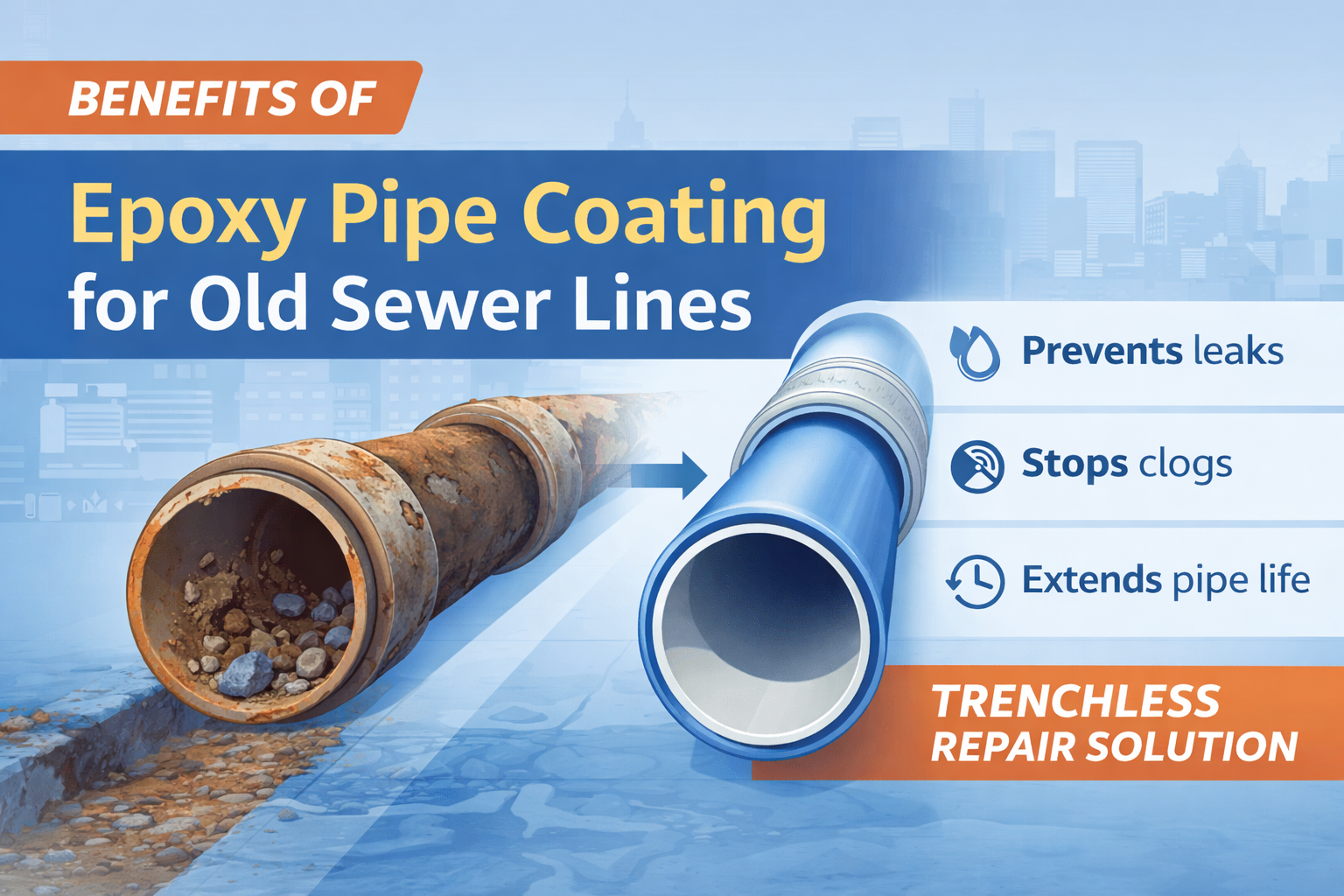Epoxy pipe coating applied inside old sewer lines to prevent leaks, corrosion, and extend pipe lifespan.
