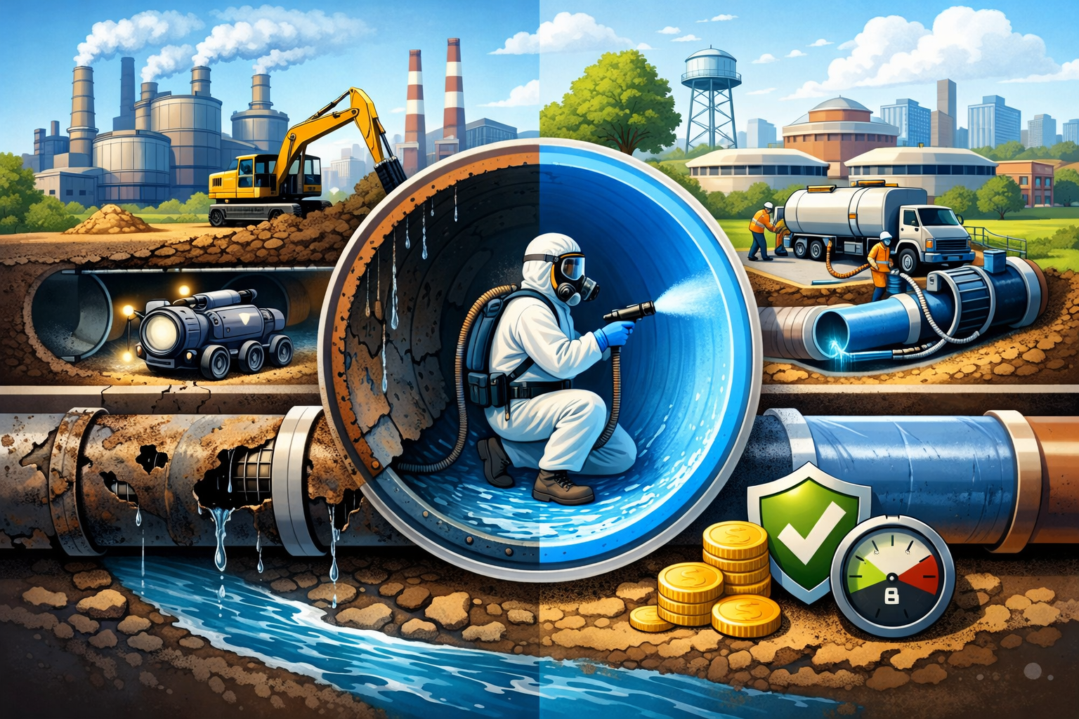 Close-up illustration of trenchless pipeline repair using SIPP pipe lining technology inside a damaged industrial or municipal pipeline showing restoration and sealing process.