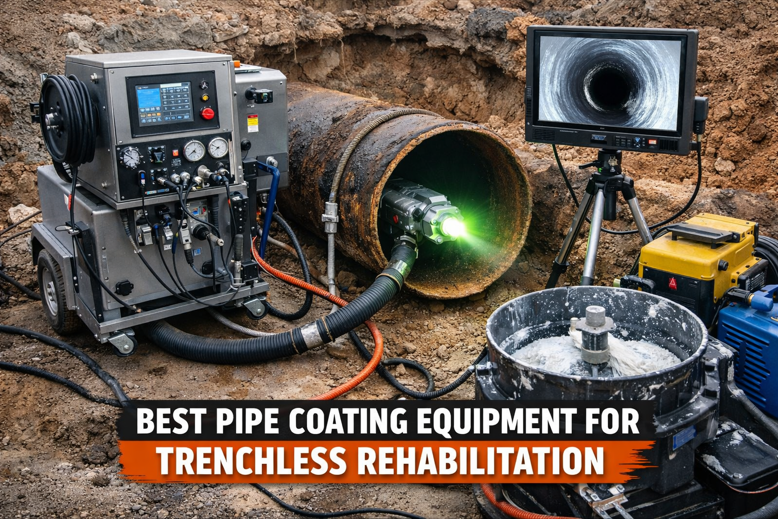 Pipe coating equipment applying internal spray lining inside a damaged pipeline during trenchless rehabilitation, showing monitoring system and coating machinery in action.
