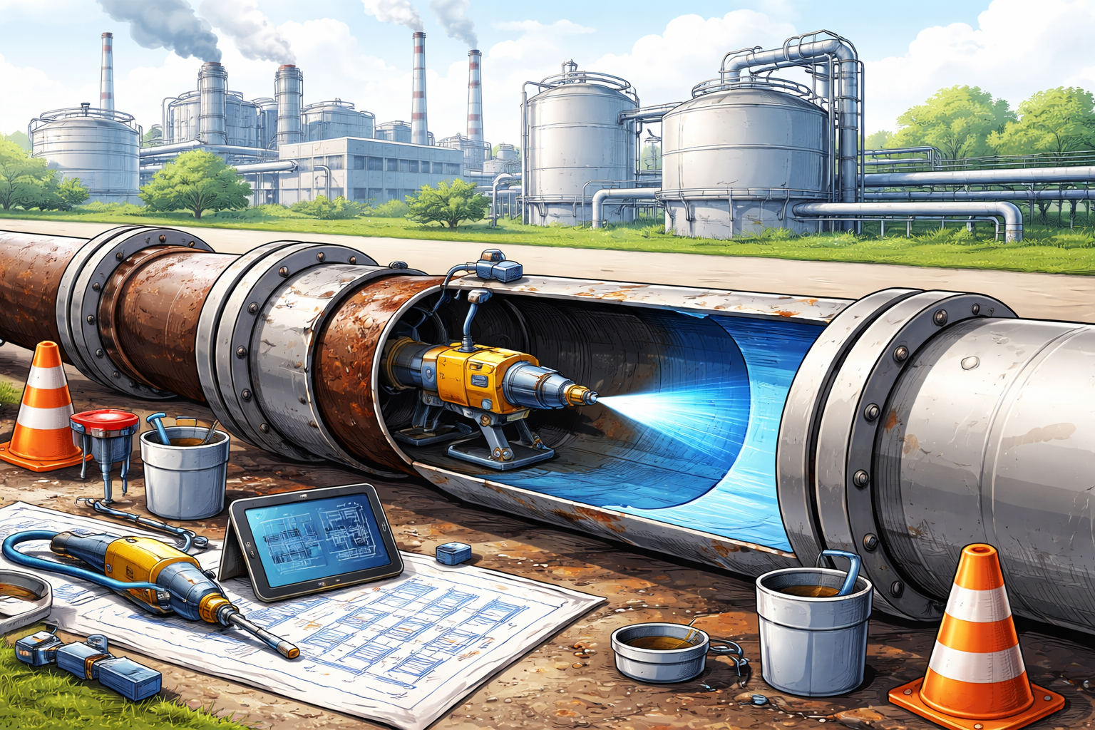 Animated industrial illustration showing the SIPP technique being applied inside a pipeline, featuring a robotic sprayer coating the inner surface of a large industrial pipe, with tools, blueprints, and factory equipment around it.