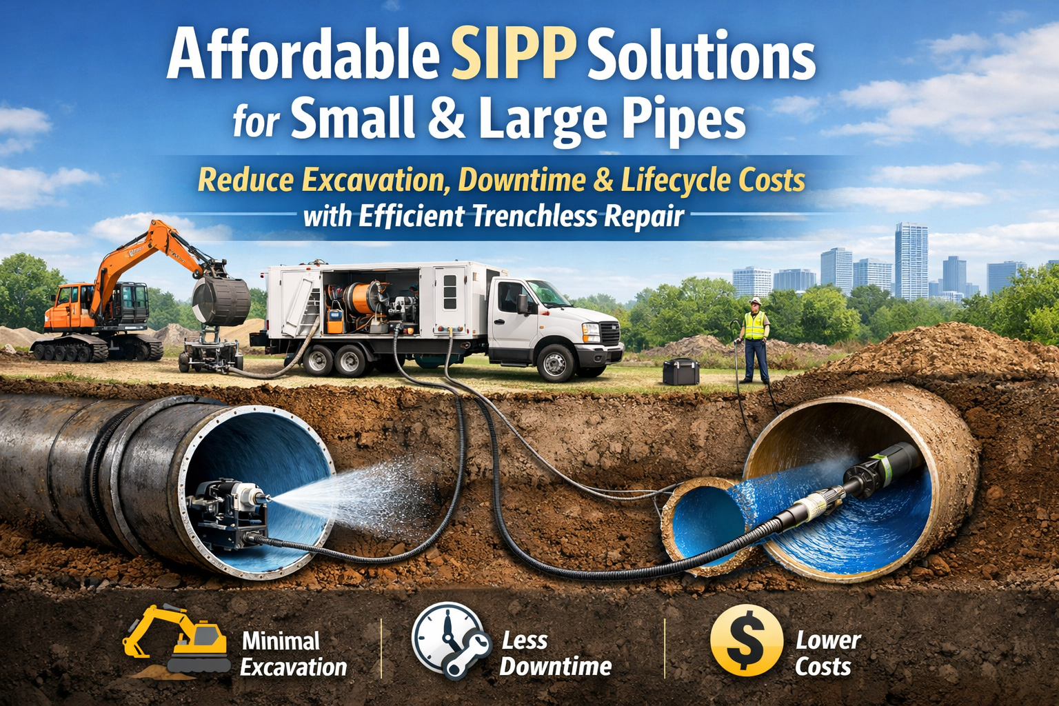 Illustration of SIPP trenchless pipe repair showing spray lining equipment coating the inside of small and large underground pipes with minimal excavation.