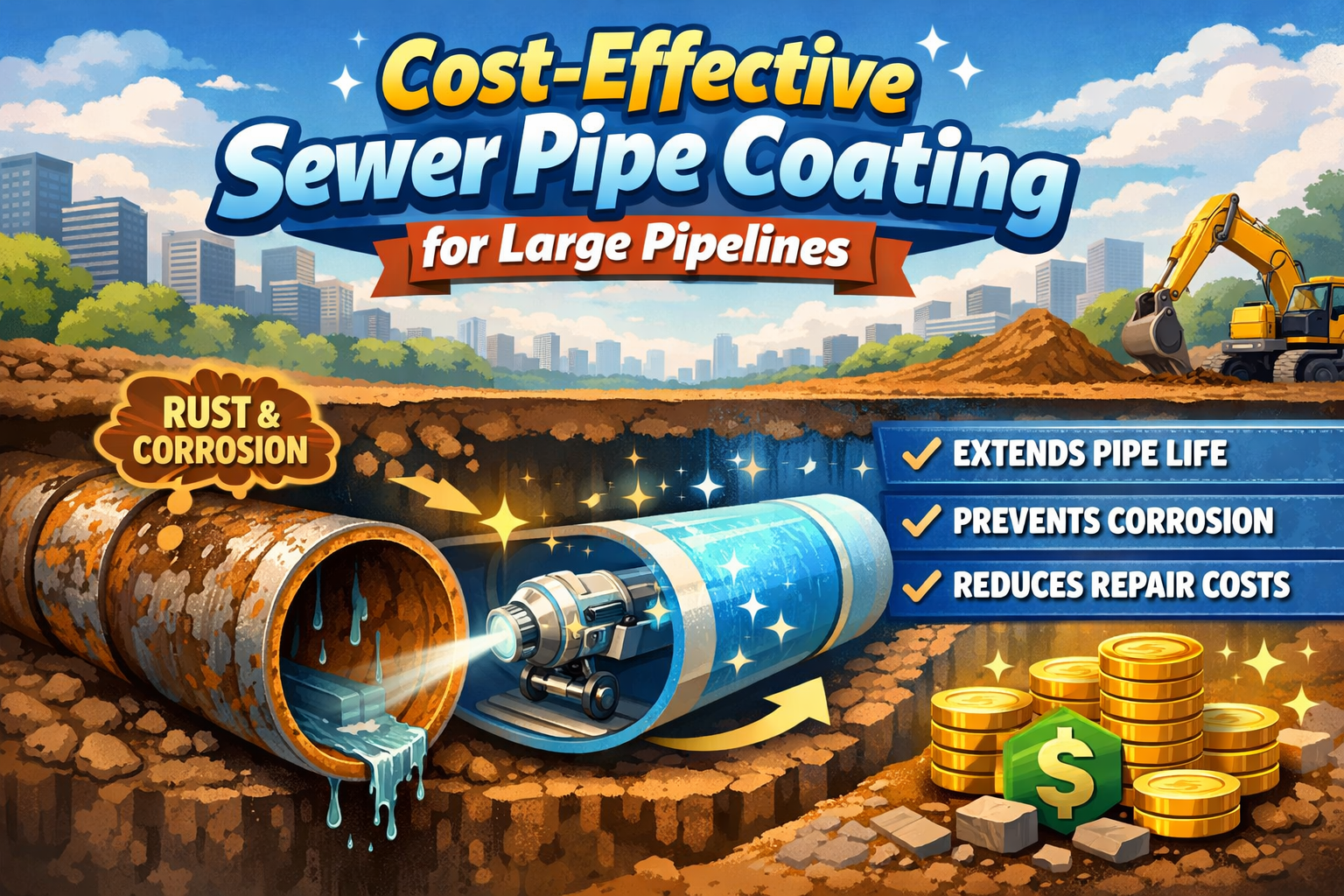 Animated illustration showing sewer pipe coating equipment applying protective lining inside a large pipeline to prevent corrosion and extend pipe life.