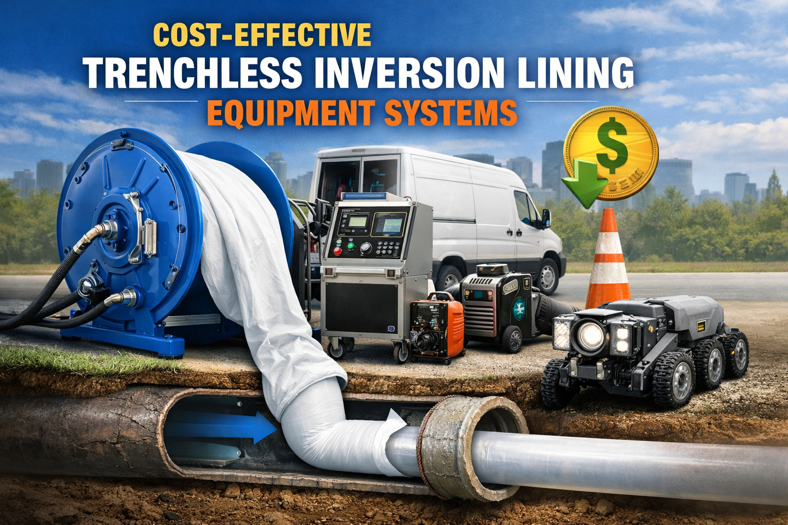 Cost-effective trenchless inversion lining equipment system with modern machinery, control units, and pipe repair setup for non-invasive underground pipeline restoration.
