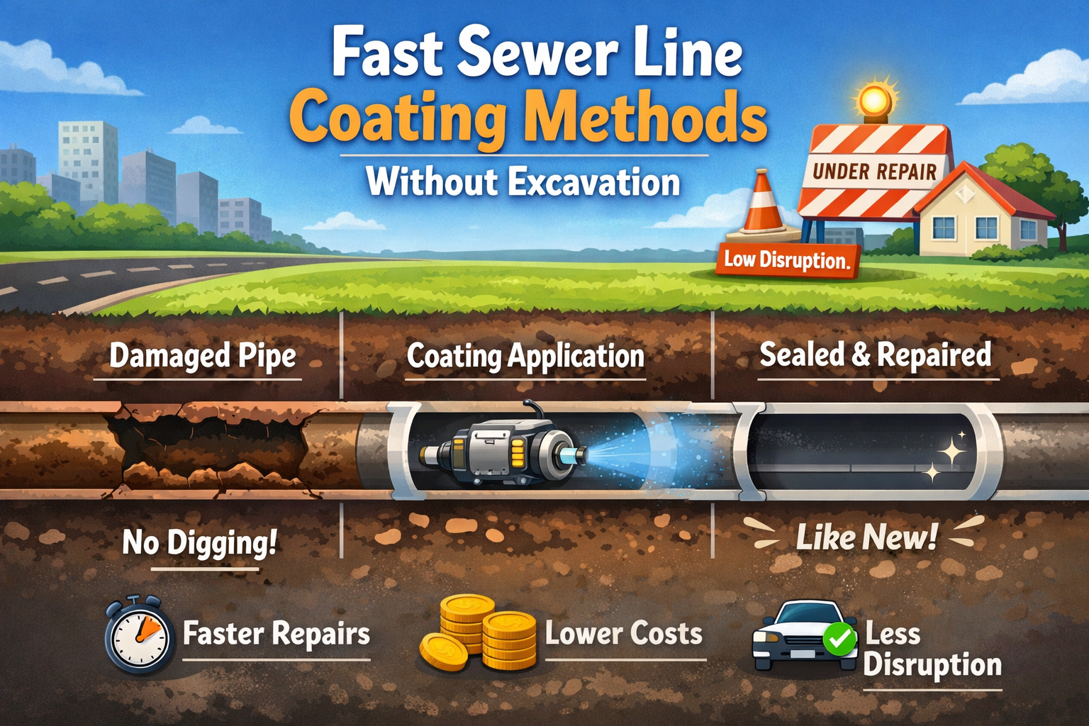 Animated illustration of trenchless sewer line coating method repairing underground pipes internally without excavation, showing reduced disruption and efficient pipe restoration.