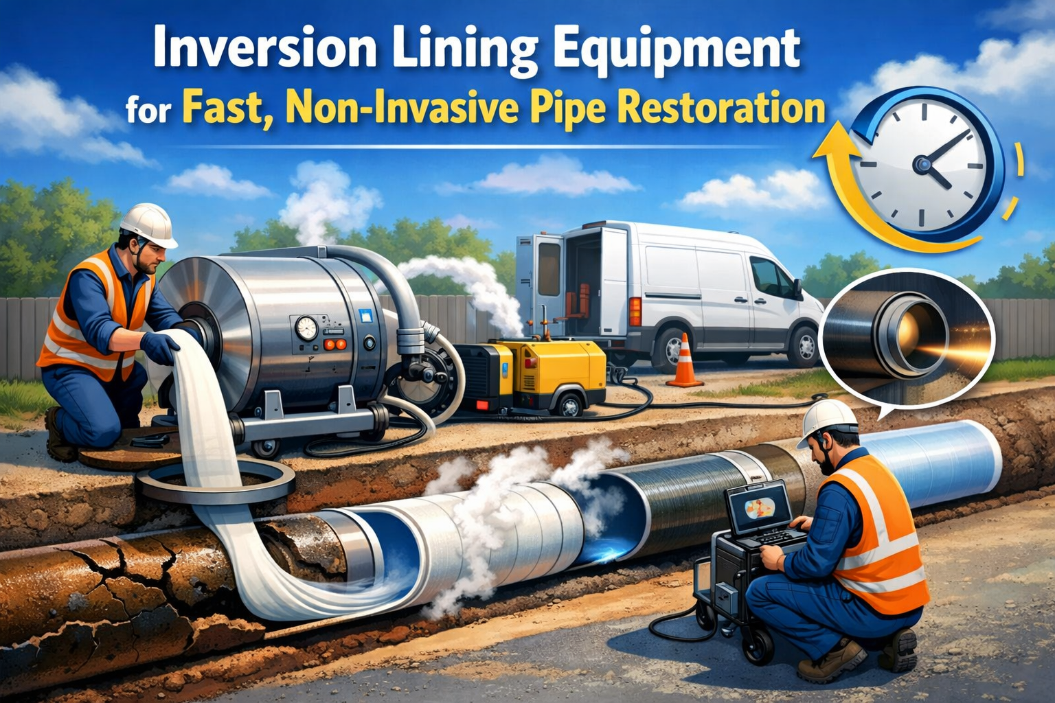 Animated illustration of inversion lining equipment inserting a flexible liner into a damaged underground pipe, with technicians monitoring the trenchless pipe restoration process for fast, non-invasive repair.