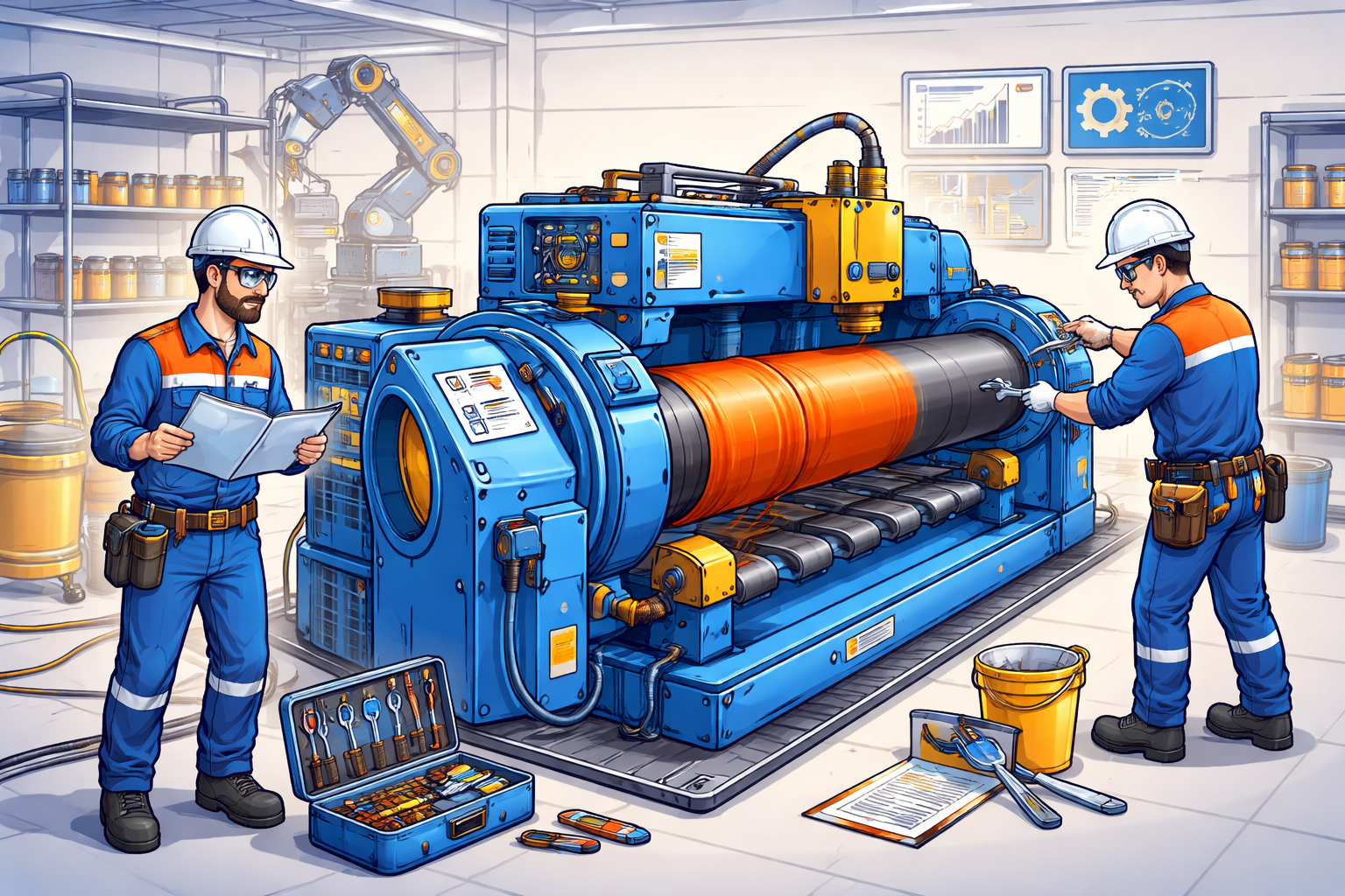 Animated illustration of technicians training and maintaining a pipe coating machine, showing tools, inspection, and industrial equipment in a workshop setting