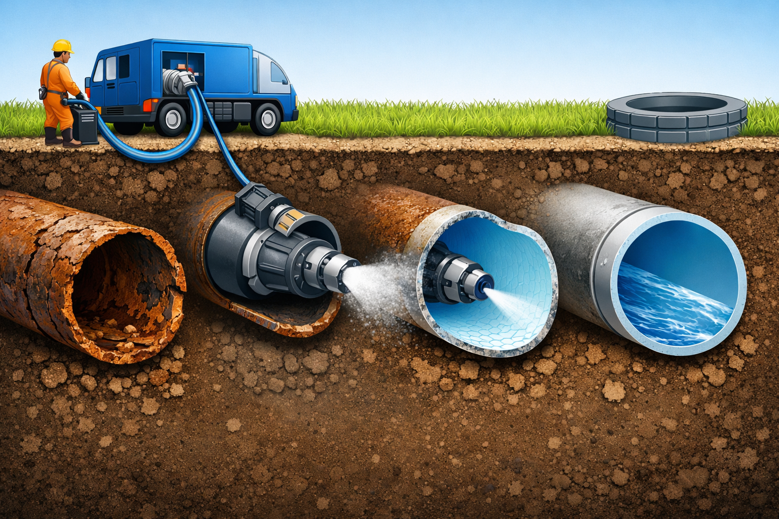 Animated horizontal illustration showing spray-in-place pipe lining process, from corroded underground pipe to smooth blue epoxy-lined pipe with flowing water.