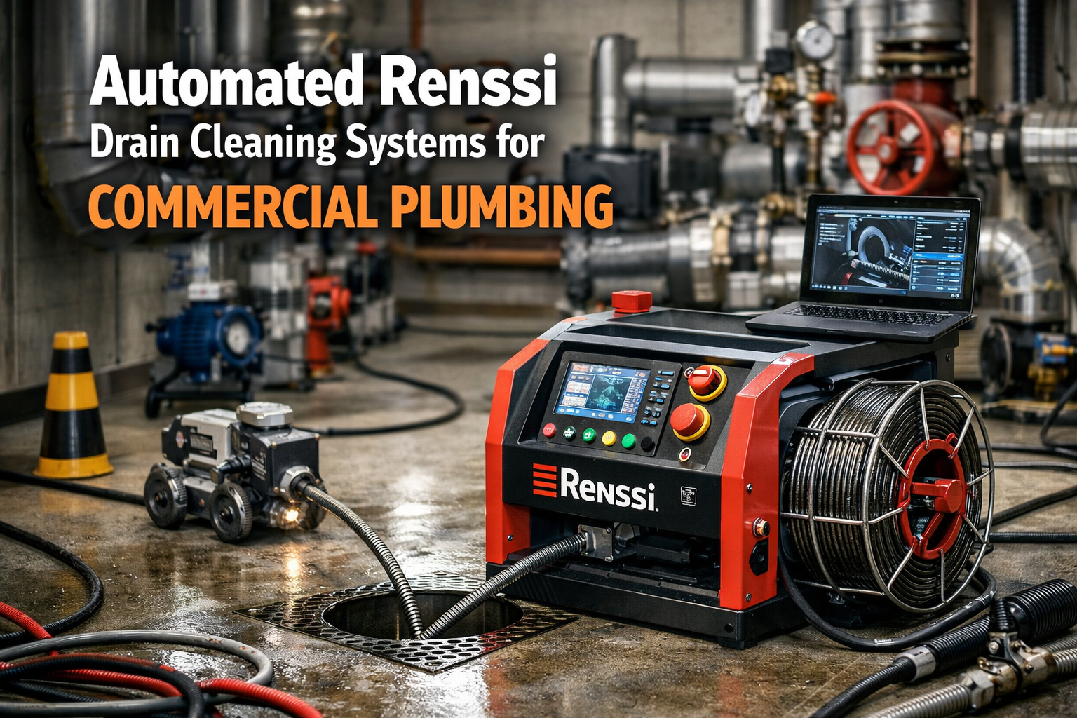 Automated Renssi drain cleaning machine operating in a commercial plumbing setup, featuring a cable system, robotic feeder, and real-time diagnostics on a laptop in an industrial environment.