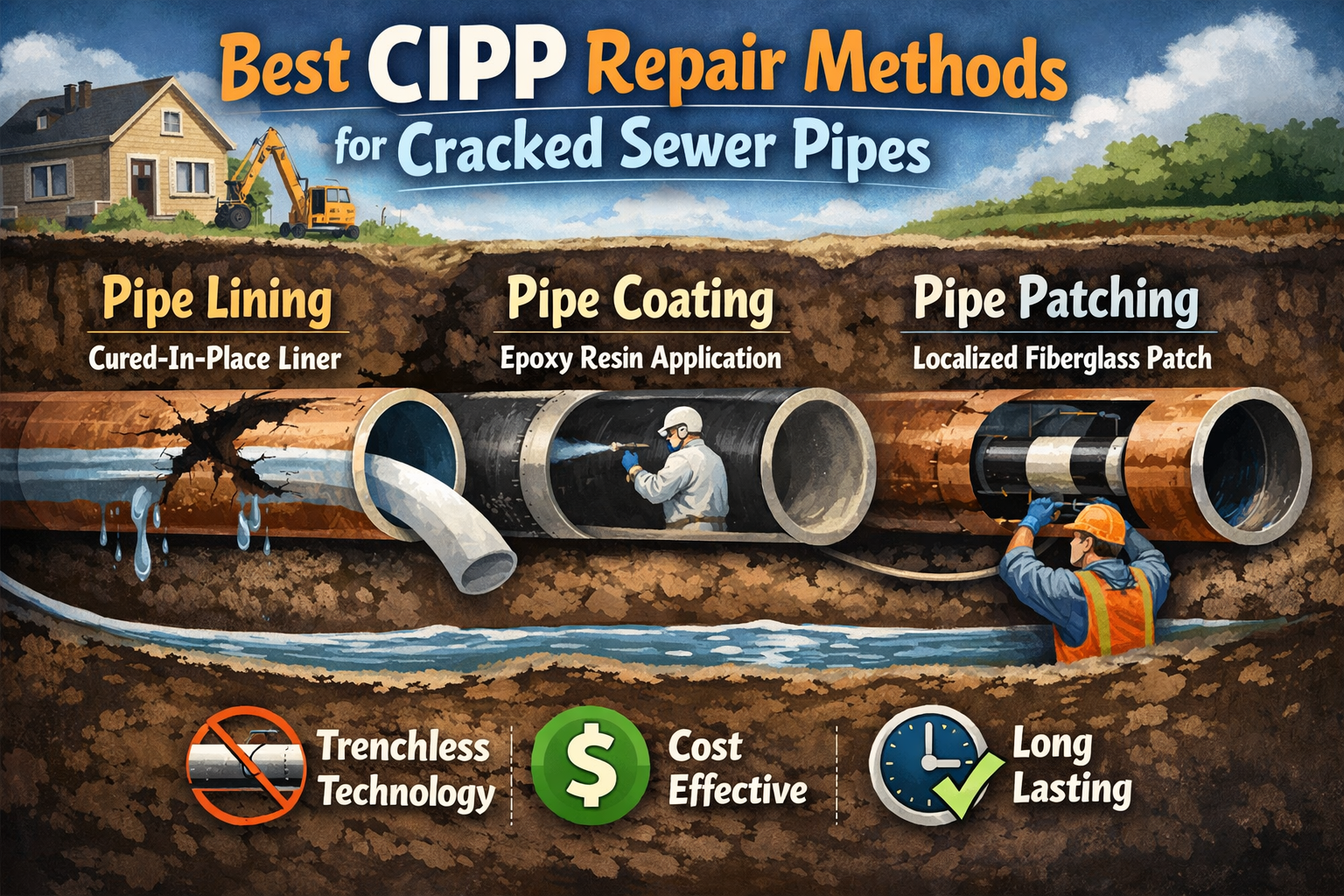 Illustration of CIPP repair methods showing trenchless sewer pipe lining, coating, and patching techniques used to fix cracked underground pipelines efficiently.