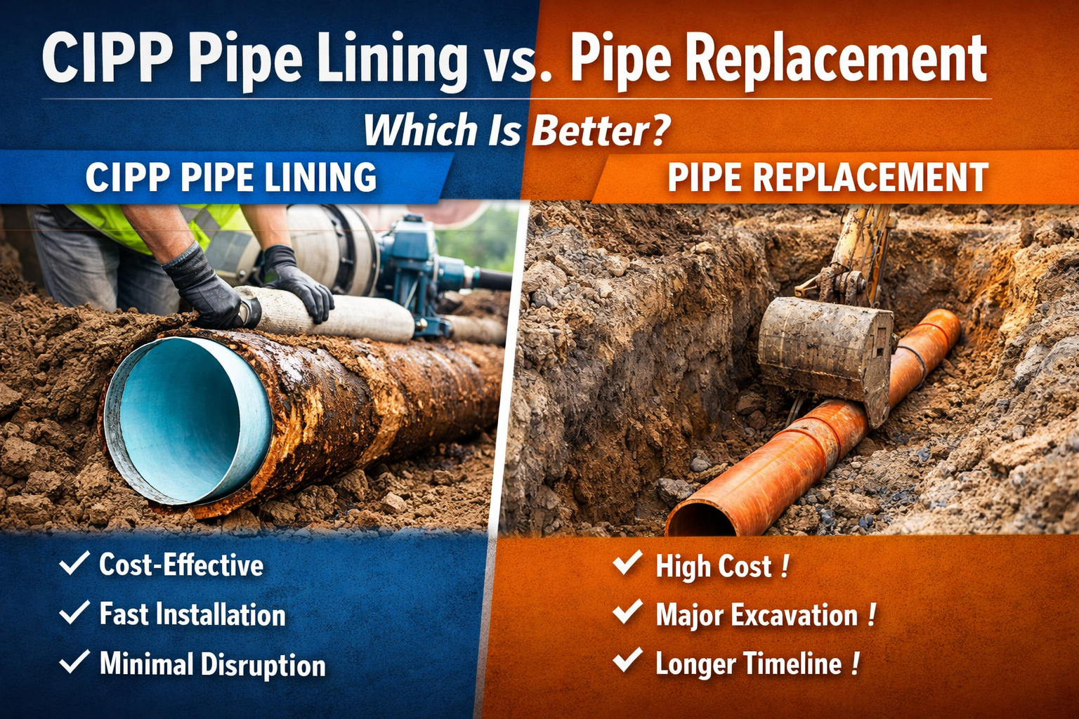 Split comparison image showing CIPP pipe lining vs. pipe replacement—CIPP side highlights cost-effective, fast, low-disruption repair, while replacement shows excavation, higher cost, and longer time.