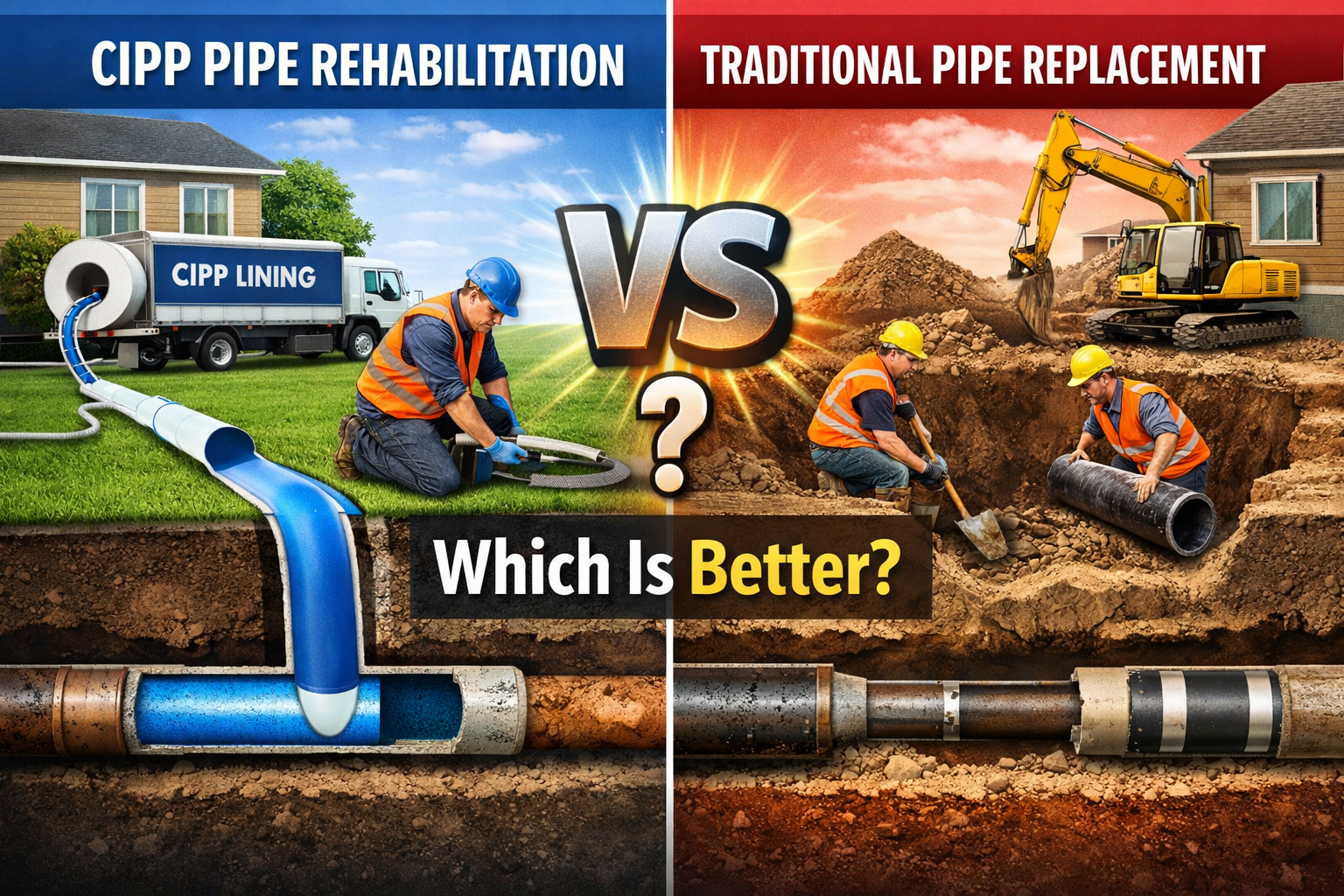 Split comparison image showing CIPP pipe rehabilitation vs traditional pipe replacement—trenchless lining on one side and excavation with pipe replacement on the other, highlighting efficiency and minimal disruption.