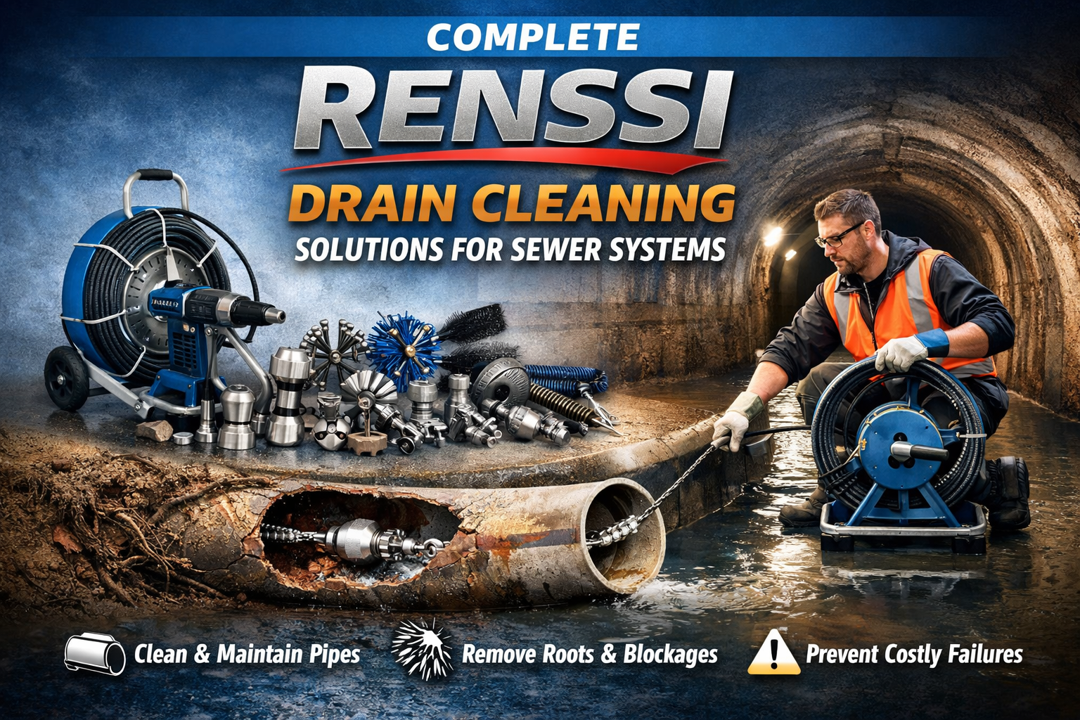 Complete Renssi drain cleaning solutions banner showing professional sewer tools, pipe cleaning equipment, and a technician clearing a blocked underground sewer system.