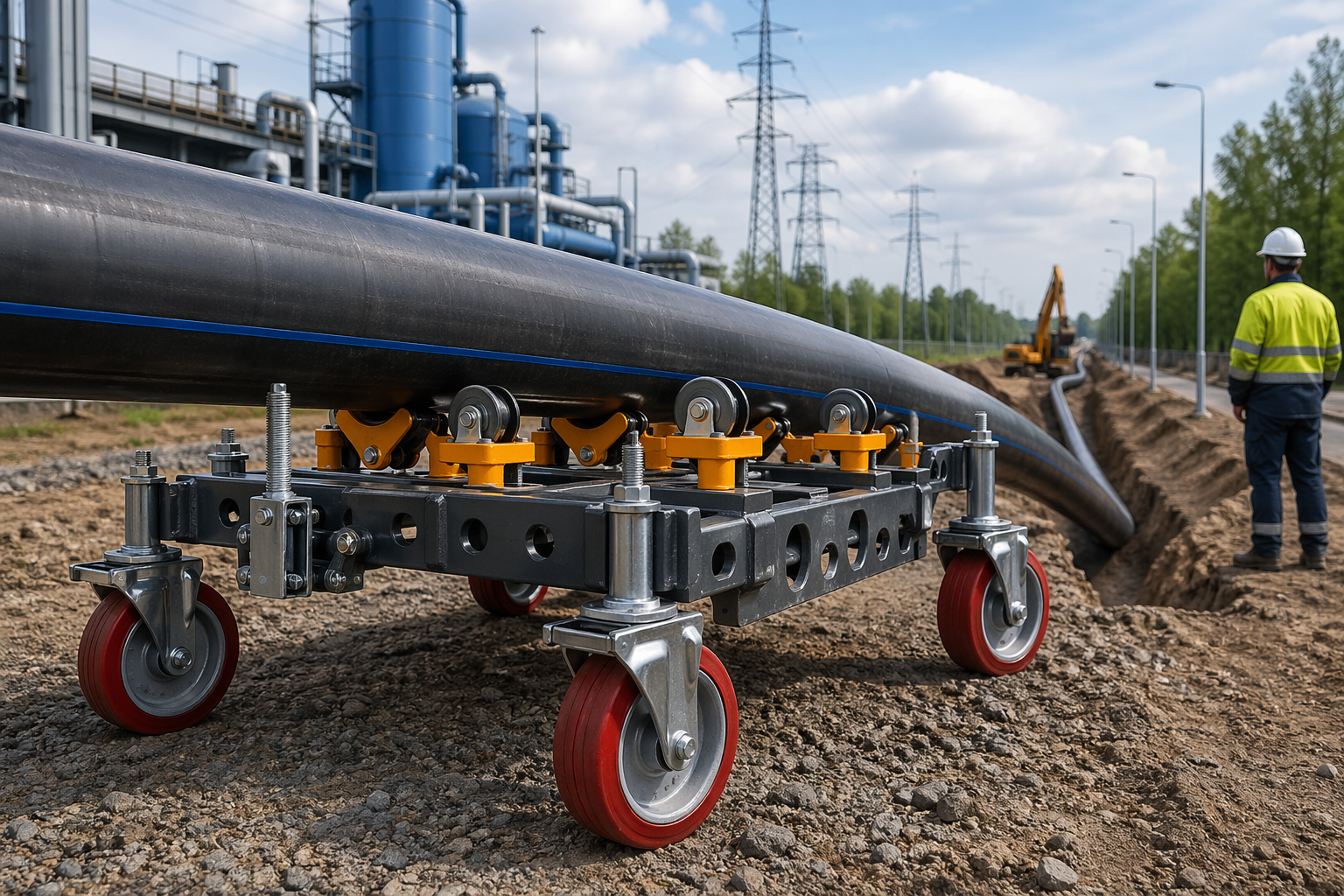 Industrial trenchless pipeline installation with PipeCaster Pro system equipment supporting a large utility pipe, featuring wheeled alignment rig, excavation trench, and on-site worker in safety gear.
