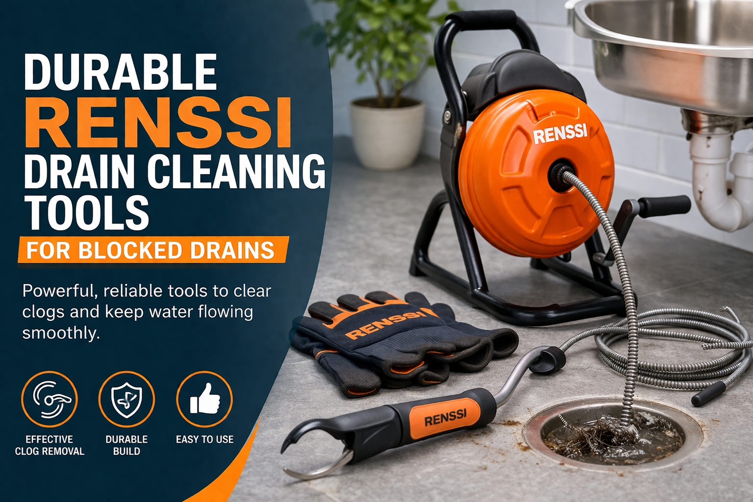 Renssi Drain Cleaning Tools displayed with heavy-duty drain auger, cleaning attachments, and equipment beside a clogged pipe, showcasing durable tools for clearing blocked drains.