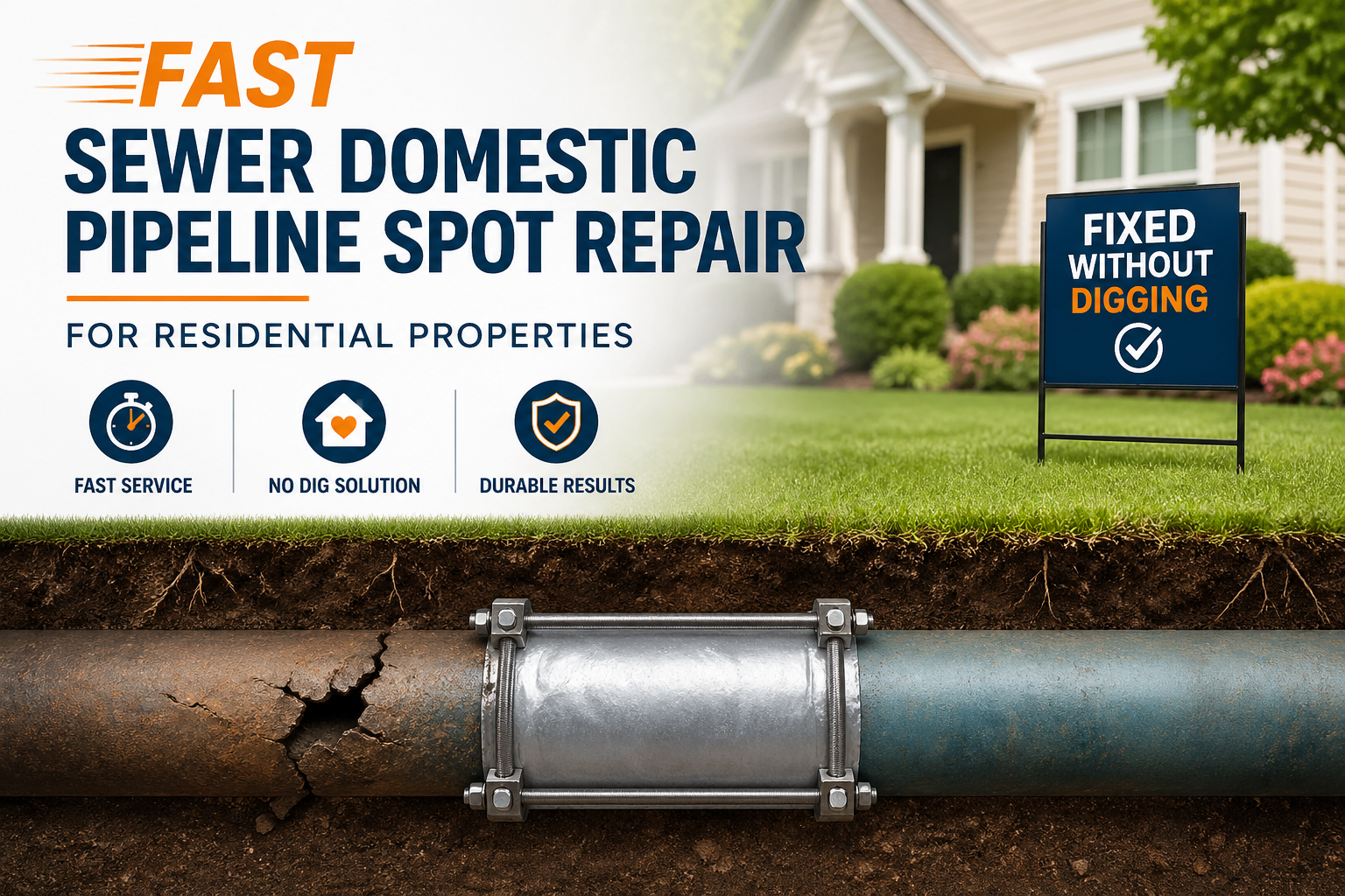 Fast sewer domestic pipeline spot repair for residential properties, showing a no-dig yard with an underground pipe being repaired using a durable clamp solution.