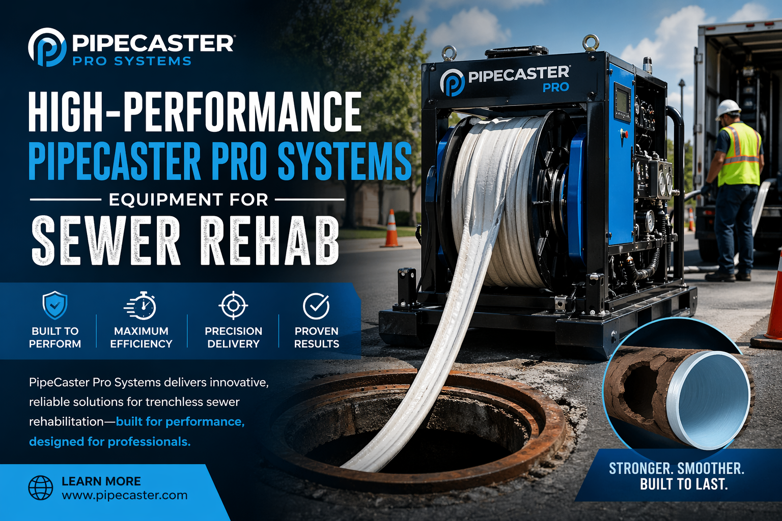 High-performance PipeCaster Pro Systems sewer rehab equipment operating on-site, featuring trenchless pipe lining machine, professional setup, and efficient pipeline restoration technology.