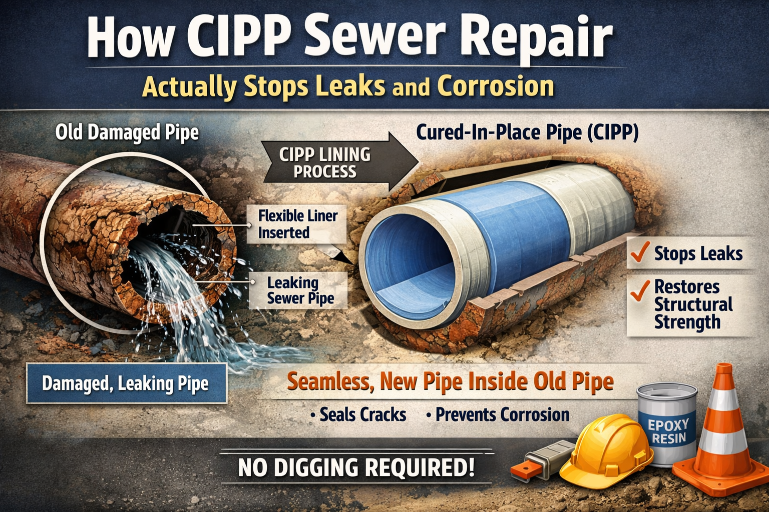 Illustration of CIPP sewer repair showing a damaged, leaking pipe on one side and a smooth, lined pipe on the other, demonstrating how cured-in-place lining seals cracks, stops leaks, and prevents corrosion without excavation.