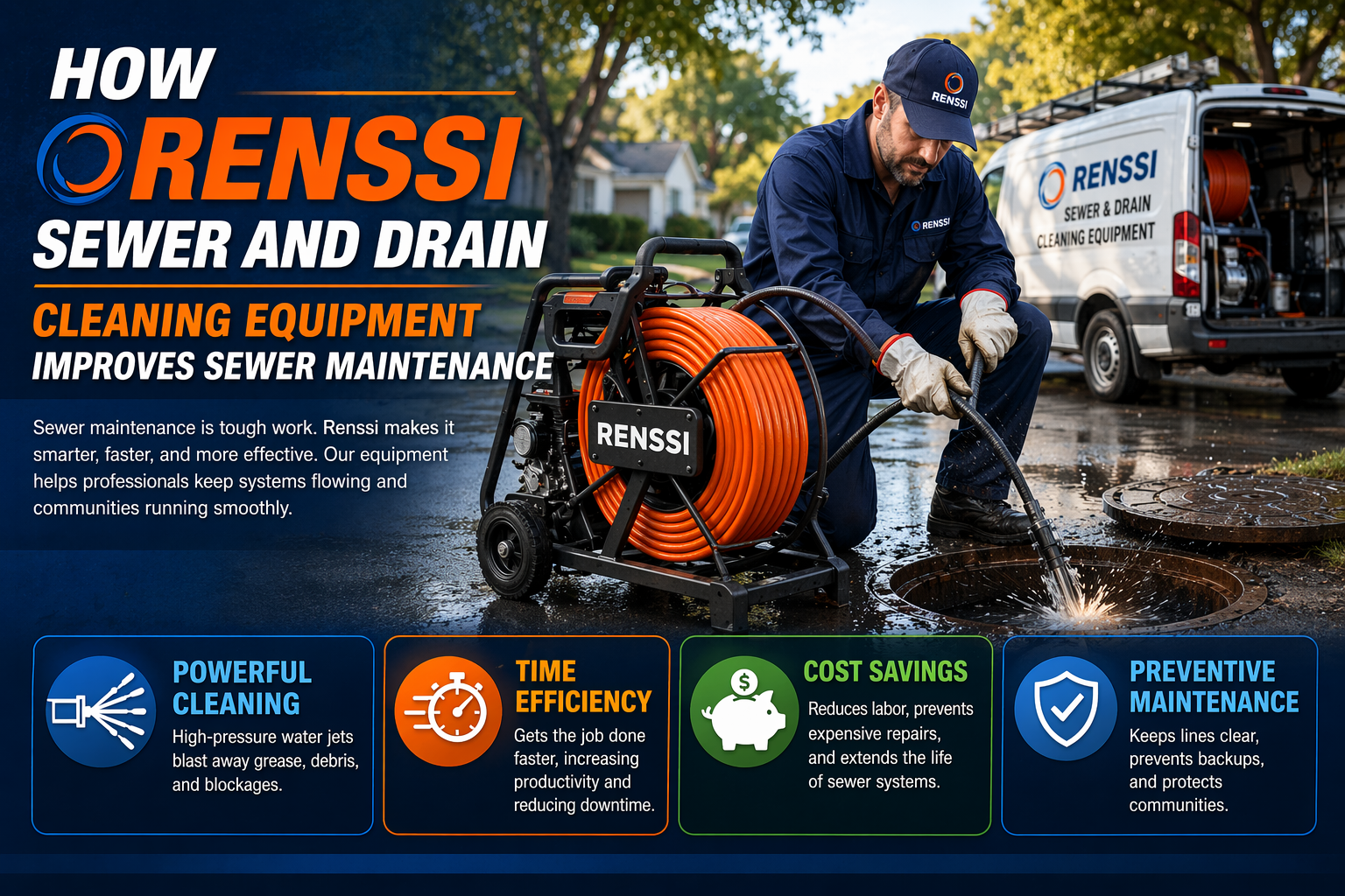 Technician using Renssi sewer and drain cleaning equipment to clear a pipeline, highlighting powerful cleaning, time efficiency, cost savings, and preventive maintenance.