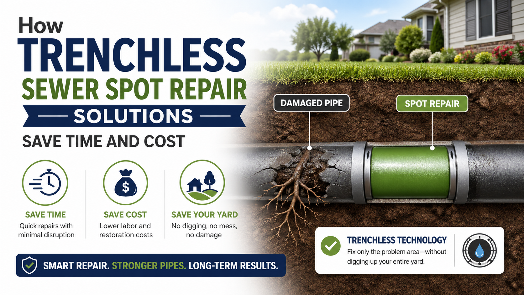 Trenchless sewer spot repair solutions fix pipe cracks and root intrusion fast, saving time, money, and your yard without digging.
