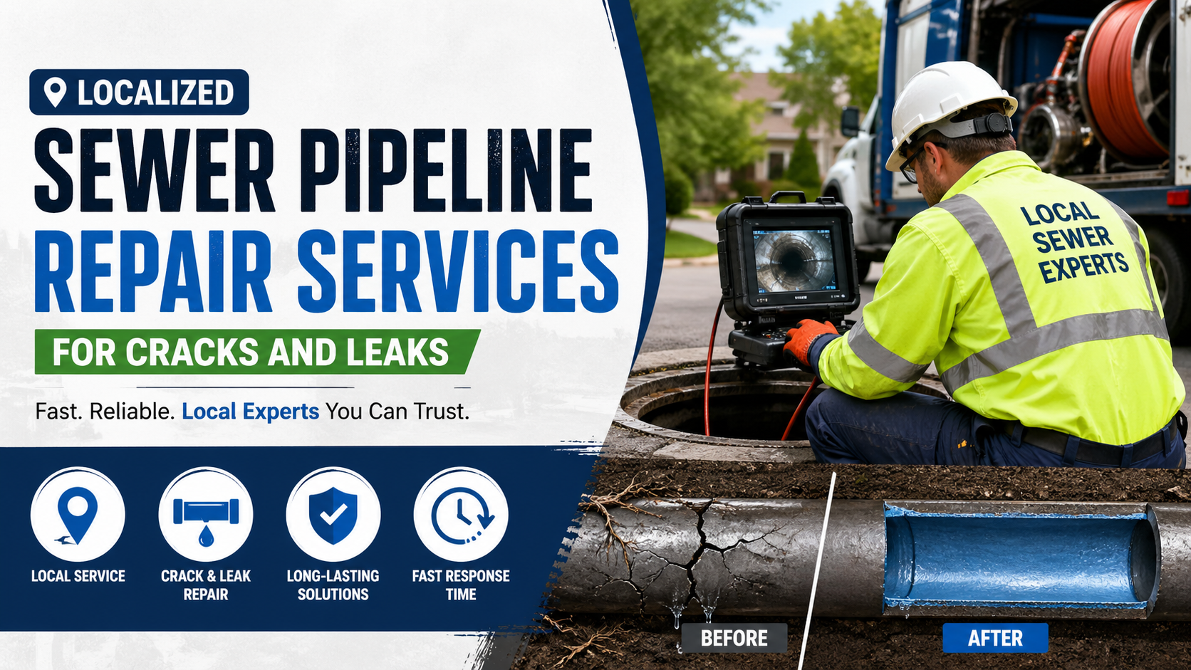 Localized sewer pipeline repair services banner showing a technician inspecting a manhole with a camera, highlighting crack and leak repair solutions, before-and-after pipe comparison, and fast, reliable local service icons.