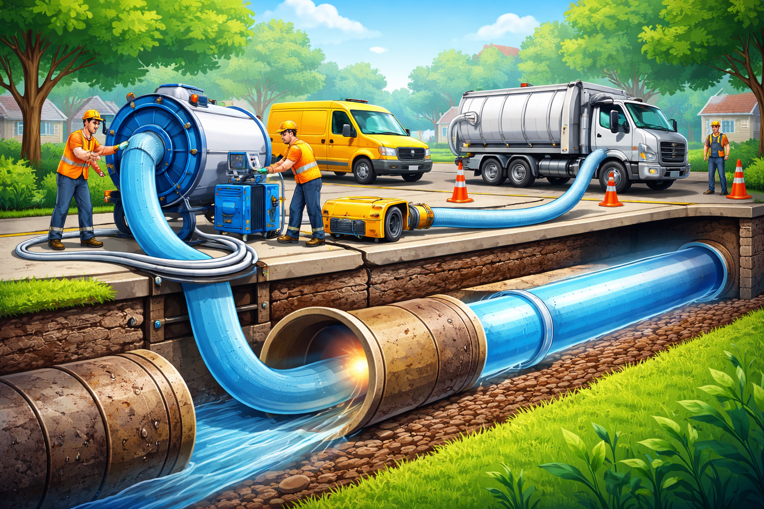Animated illustration of trenchless sewer restoration using inversion lining equipment. Workers operate a large inversion drum and machinery to install a CIPP liner, shown entering an underground pipe, highlighting a smooth new pipe interior. Vehicles and safety cones are visible above ground in a suburban setting.