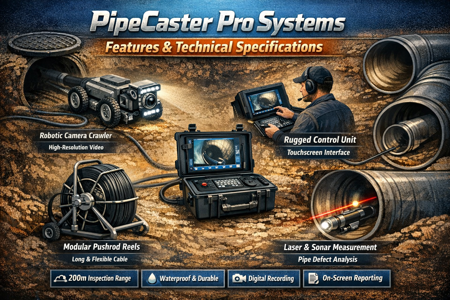Professional blog image showcasing PipeCaster Pro Systems with robotic camera crawler, control unit, pushrod reels, and pipe inspection technology for sewer diagnostics and maintenance.