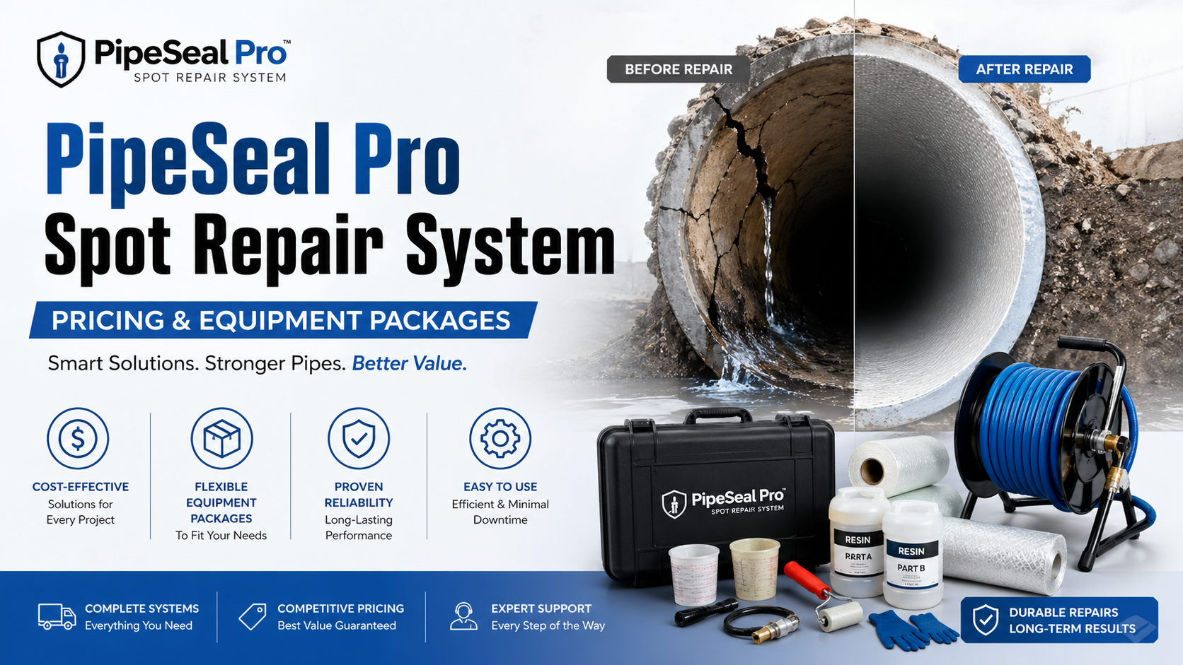 PipeSeal Pro Spot Repair System marketing banner showing pricing and equipment packages, before-and-after pipe repair visuals, and trenchless sewer repair tools.