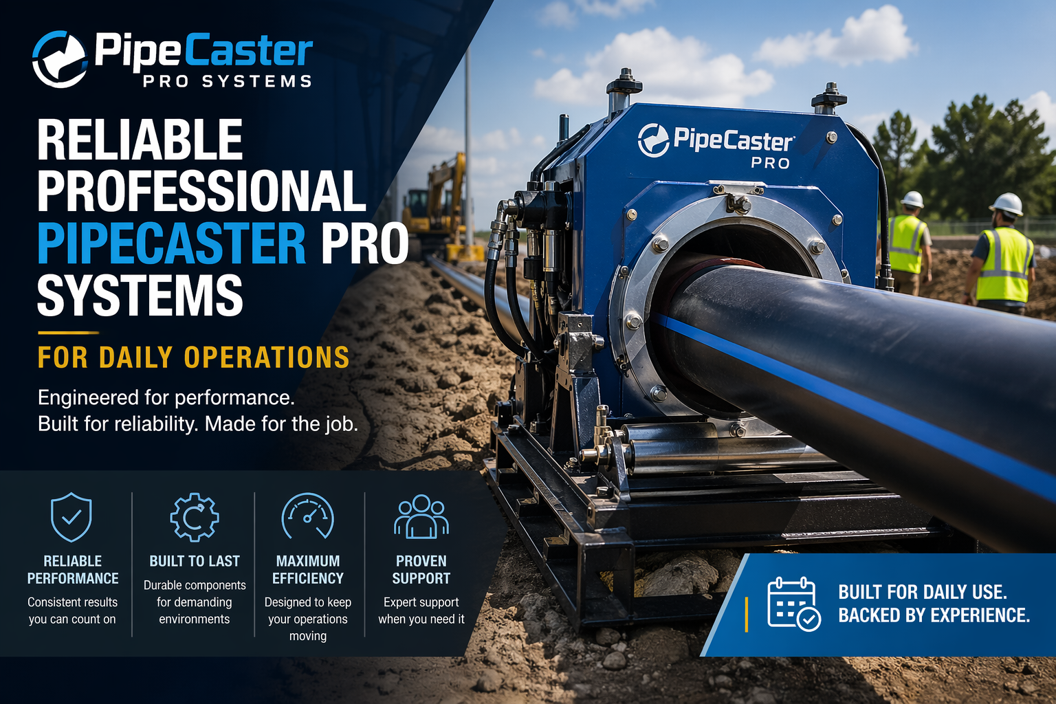Professional PipeCaster Pro Systems equipment operating on a construction site, coating a large pipeline with workers in the background, highlighting reliability and efficiency for daily operations.