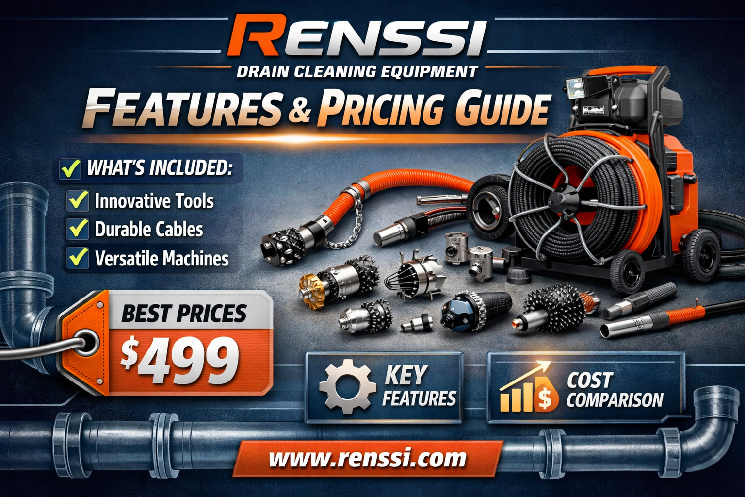 Renssi drain cleaning equipment with cables and cutting tools showcased alongside key features and pricing details on an industrial blue background.