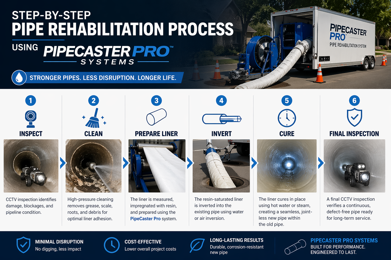 Animated horizontal illustration of a trenchless pipe rehabilitation process showing inspection robot, pipe cleaning, liner insertion, curing, and finished pipeline beneath a suburban street with equipment truck above ground.