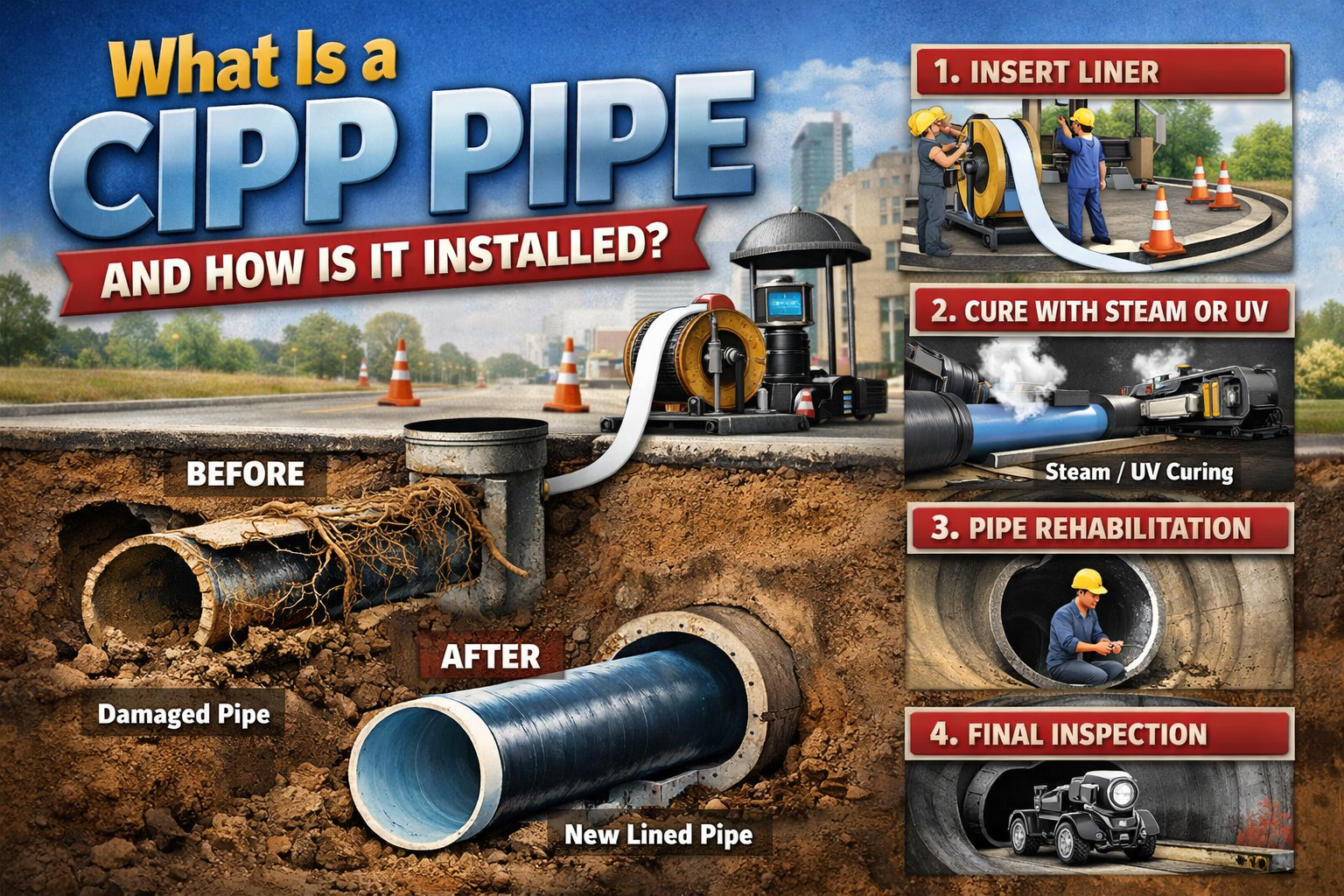 CIPP pipe installation process showing damaged pipe before lining and restored pipe after lining, with steps including liner insertion, steam/UV curing, rehabilitation, and final inspection.