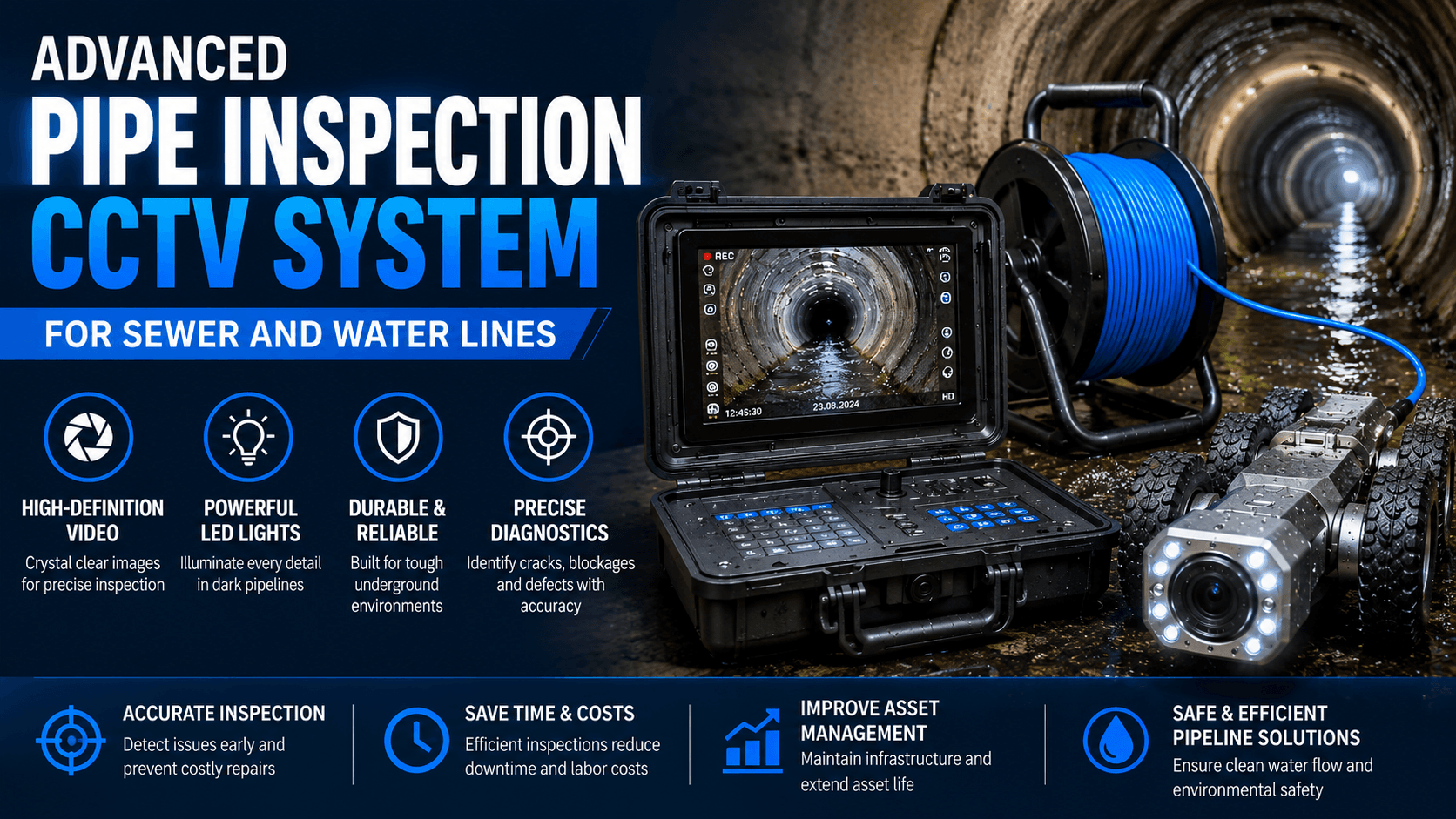 Advanced pipe inspection CCTV system with HD monitor, crawler camera, and cable reel inspecting sewer and water pipelines underground.