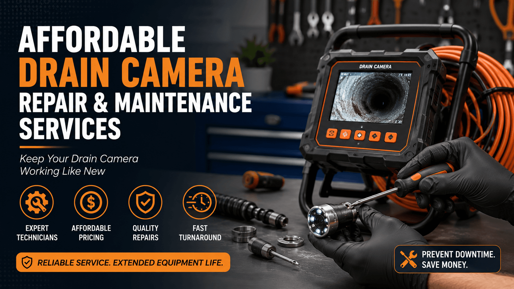 Technician repairing a professional drain inspection camera with maintenance tools and monitor display, promoting affordable drain camera repair services.