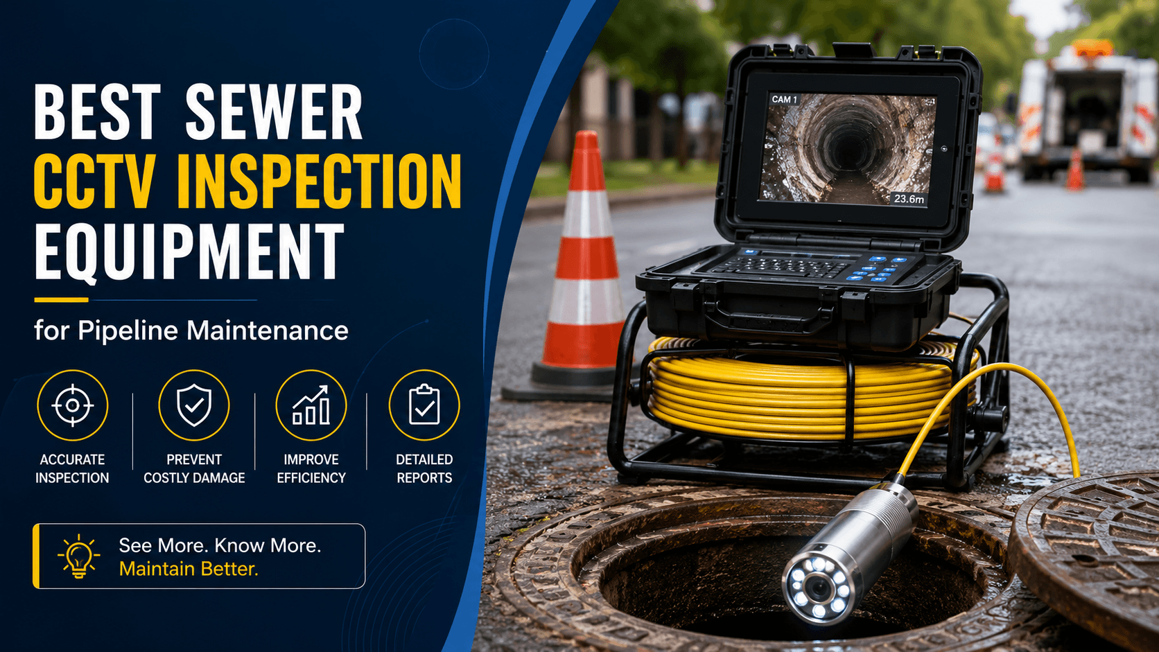 Professional sewer CCTV inspection equipment beside an open manhole with pipeline camera reel and monitor for pipeline maintenance and drain diagnostics.