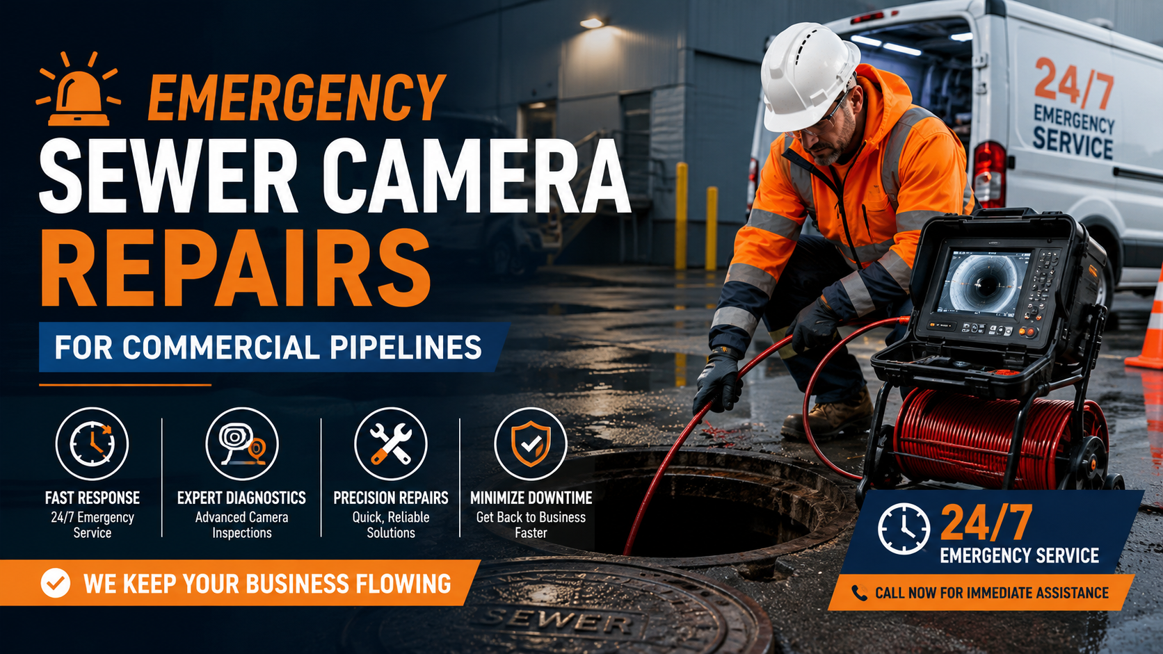 Technician performing emergency sewer camera repairs on commercial pipelines using inspection equipment beside a service van during nighttime operations.