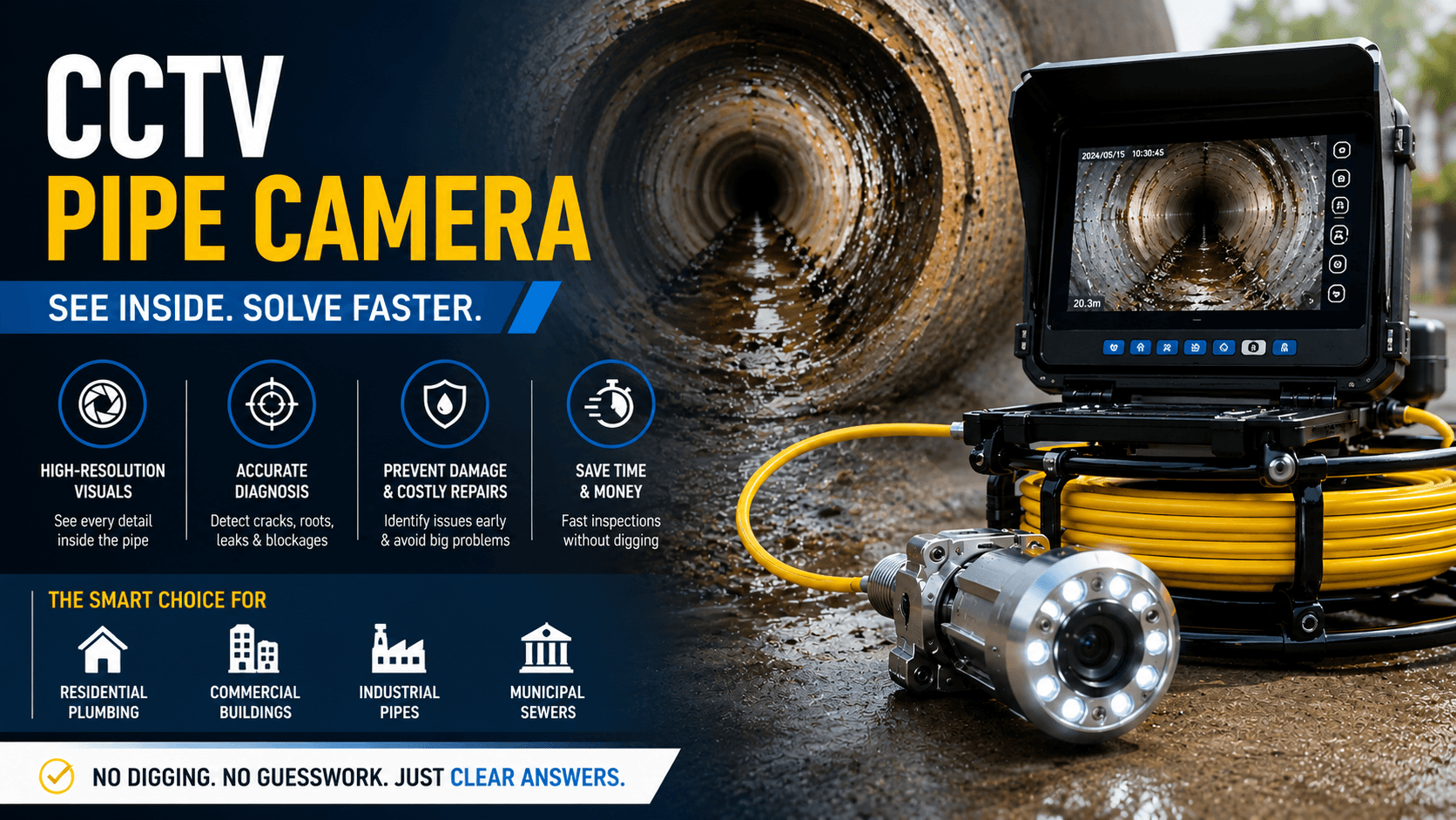 High-resolution CCTV pipe camera inspecting underground sewer pipes for accurate pipe diagnostics and blockage detection.