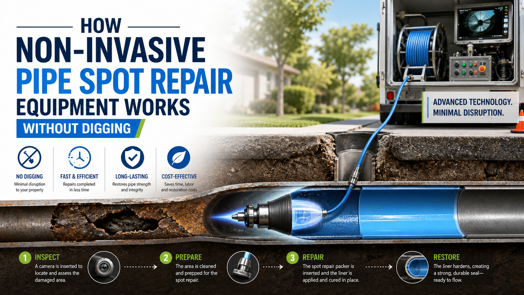 Non-invasive pipe spot repair equipment infographic showing underground pipe fix without digging, featuring camera inspection, liner insertion, and curing process for fast, cost-effective sewer repair.
