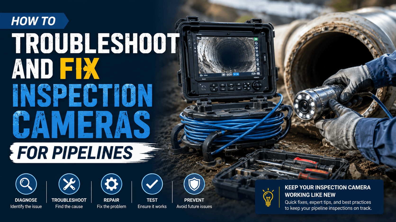 Alt text: Technician troubleshooting a pipeline inspection camera beside a large sewer pipe, featuring diagnostic equipment, repair tools, and a monitor displaying pipe interior footage.
