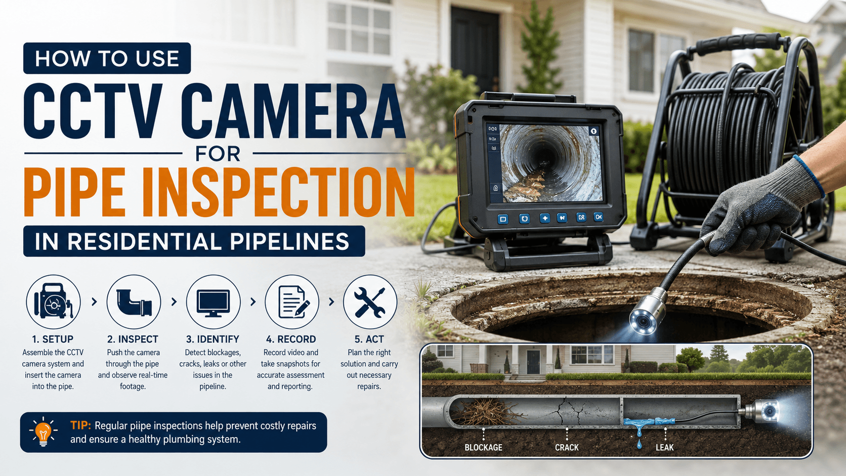 Professional CCTV pipe inspection setup for residential pipelines showing a drain inspection camera entering a manhole, live monitor footage, and a visual guide for detecting pipe blockages, cracks, and leaks.