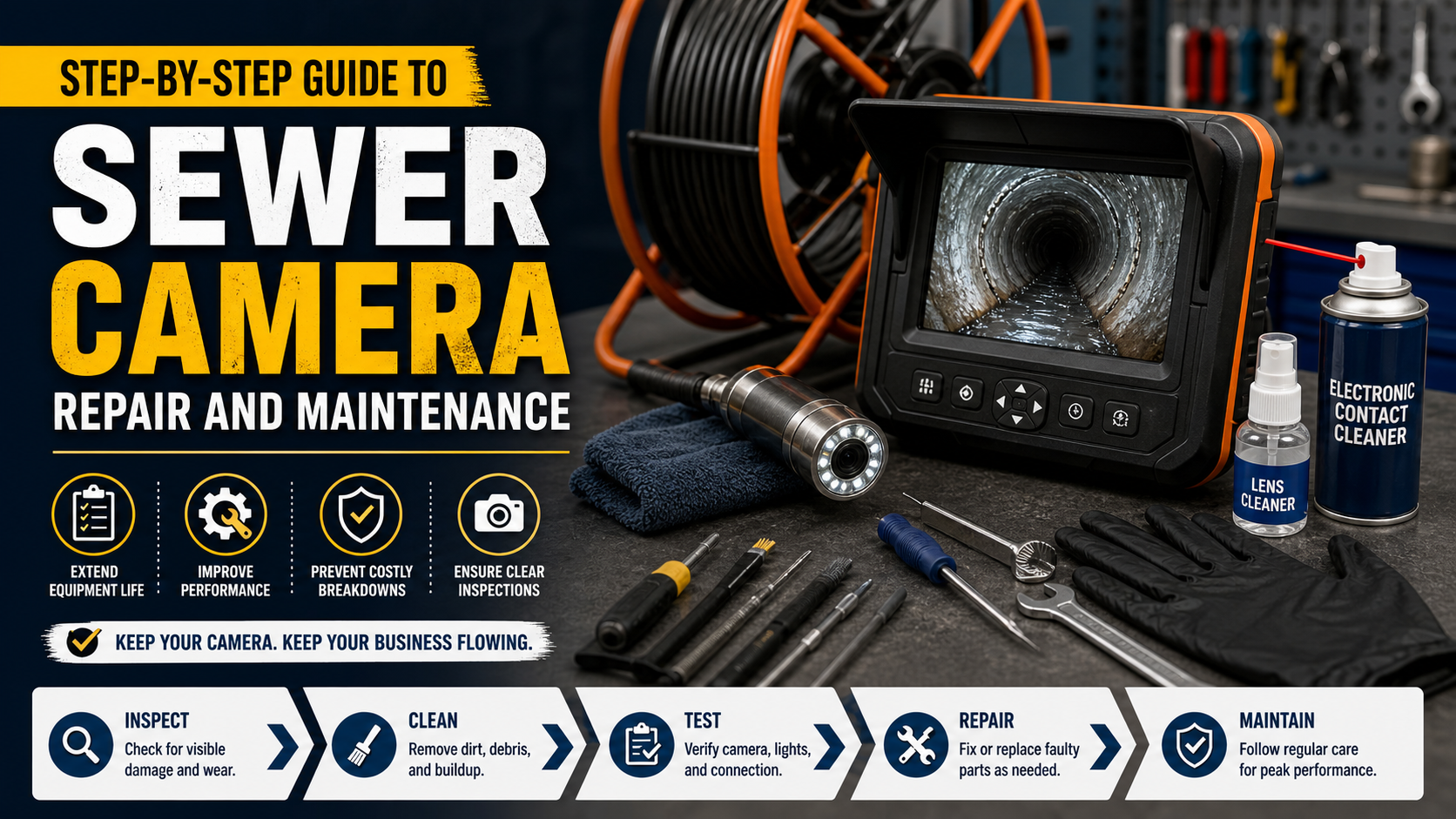 Step-by-step sewer camera repair and maintenance setup with inspection monitor, cable reel, tools, and cleaning supplies on a workbench, highlighting equipment care and troubleshooting process.