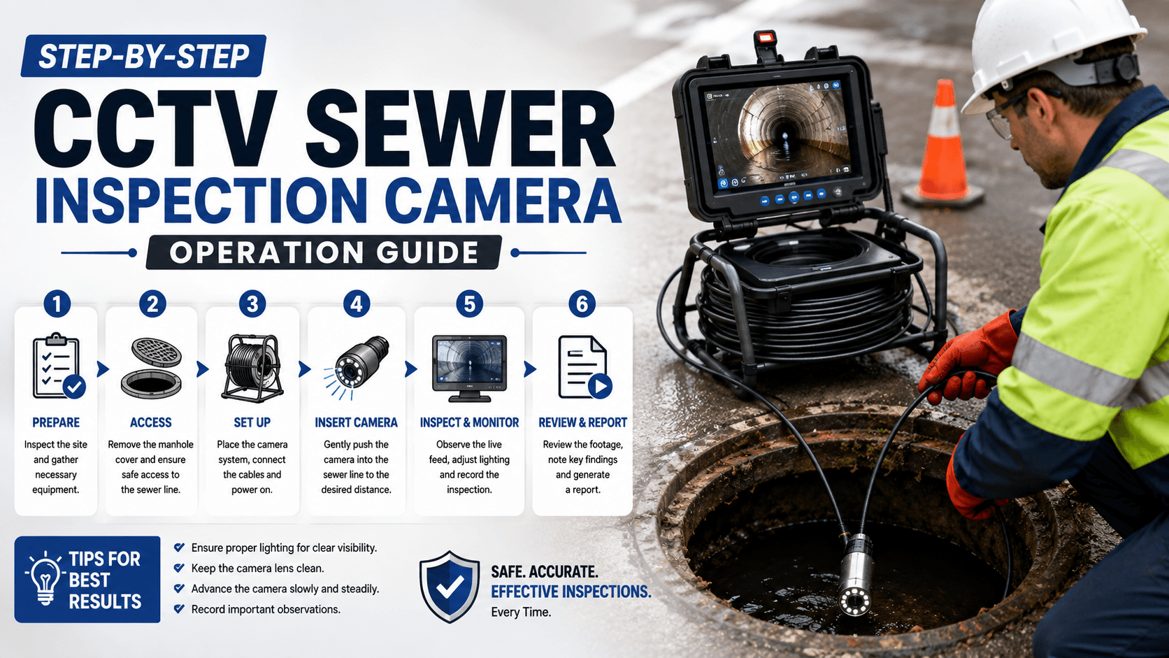 Technician operating a CCTV sewer inspection camera system during a step-by-step sewer line inspection, showing camera setup, pipe monitoring, and reporting process.