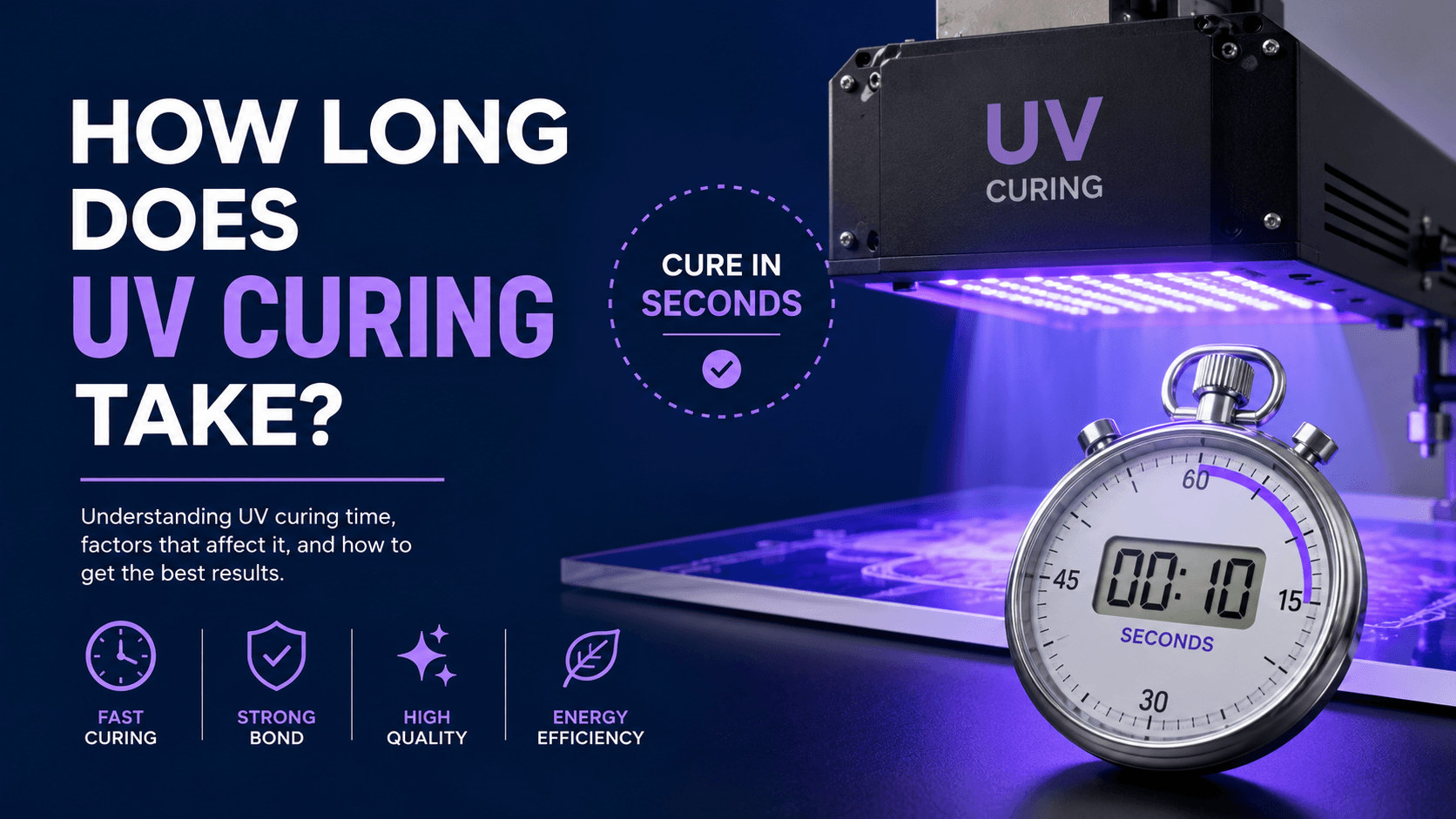 UV curing process with a UV curing machine, stopwatch, and infographic showing curing speed, bond strength, quality, and energy efficiency.