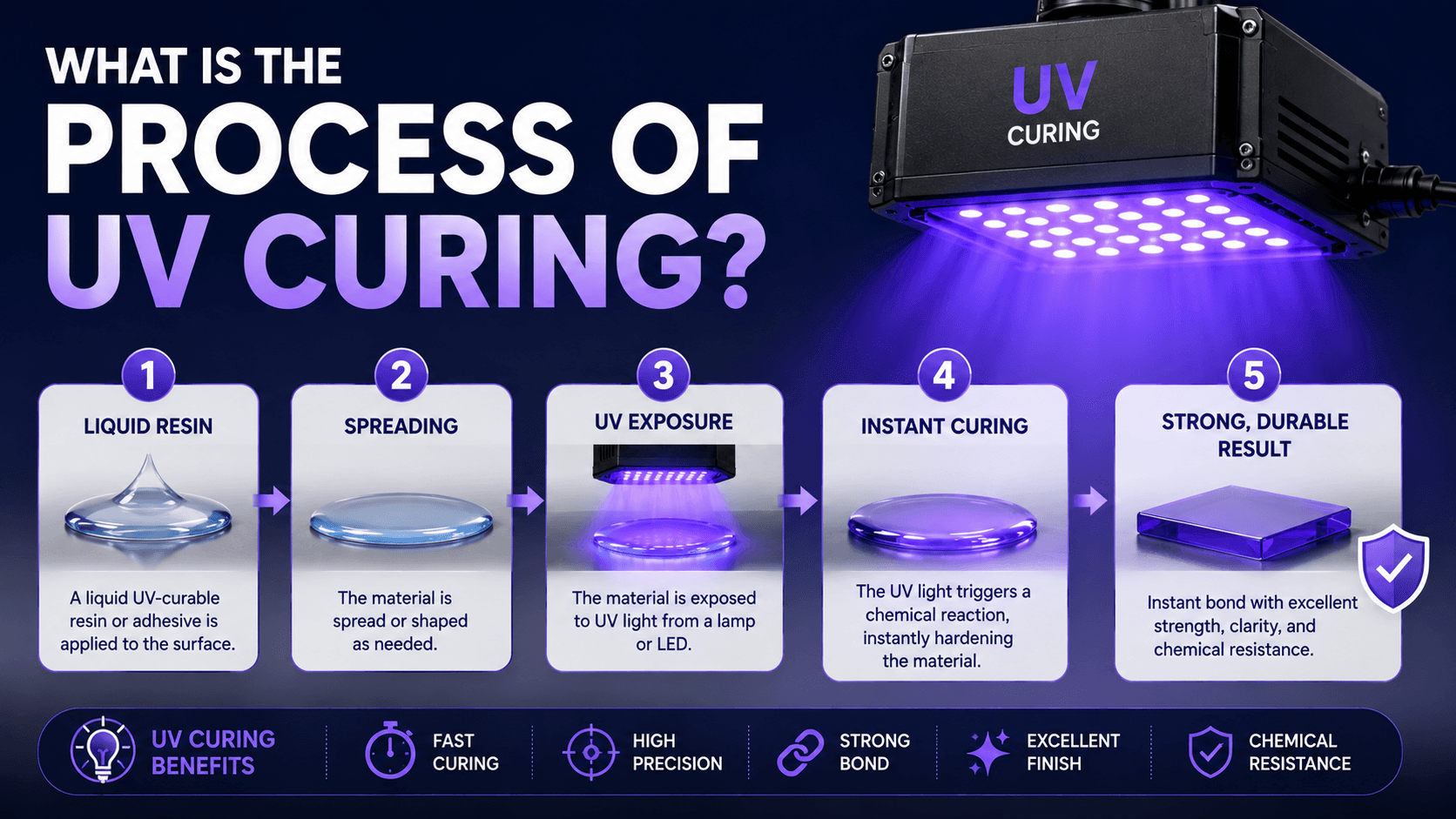 UV curing process infographic showing liquid resin application, spreading, UV light exposure, instant curing, and the formation of a strong durable finished material.