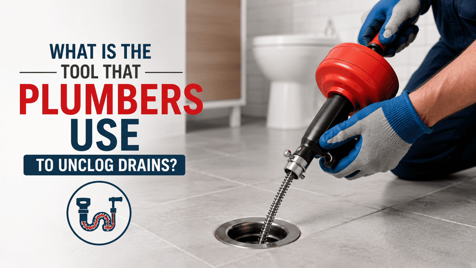 Professional plumber using a drain auger (plumber's snake) to unclog a floor drain in a modern bathroom, illustrating the tool plumbers use to clear blocked drains.