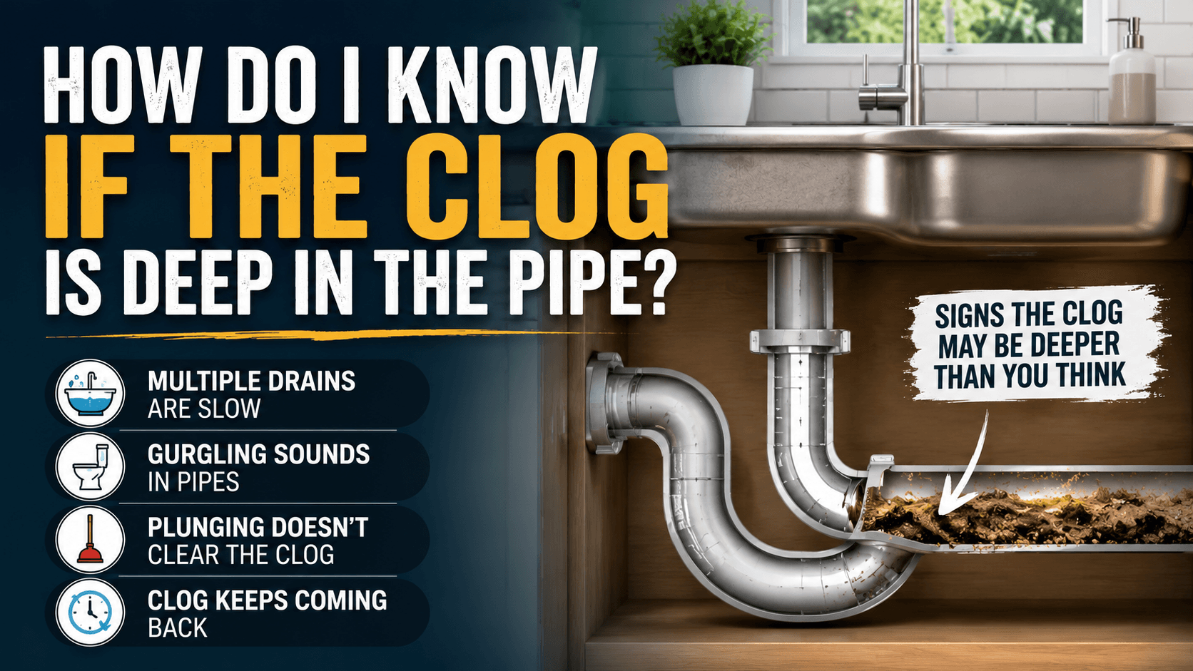 Kitchen sink drain with an exposed pipe showing a deep clog, highlighting common signs that a blockage is located farther down the plumbing system.