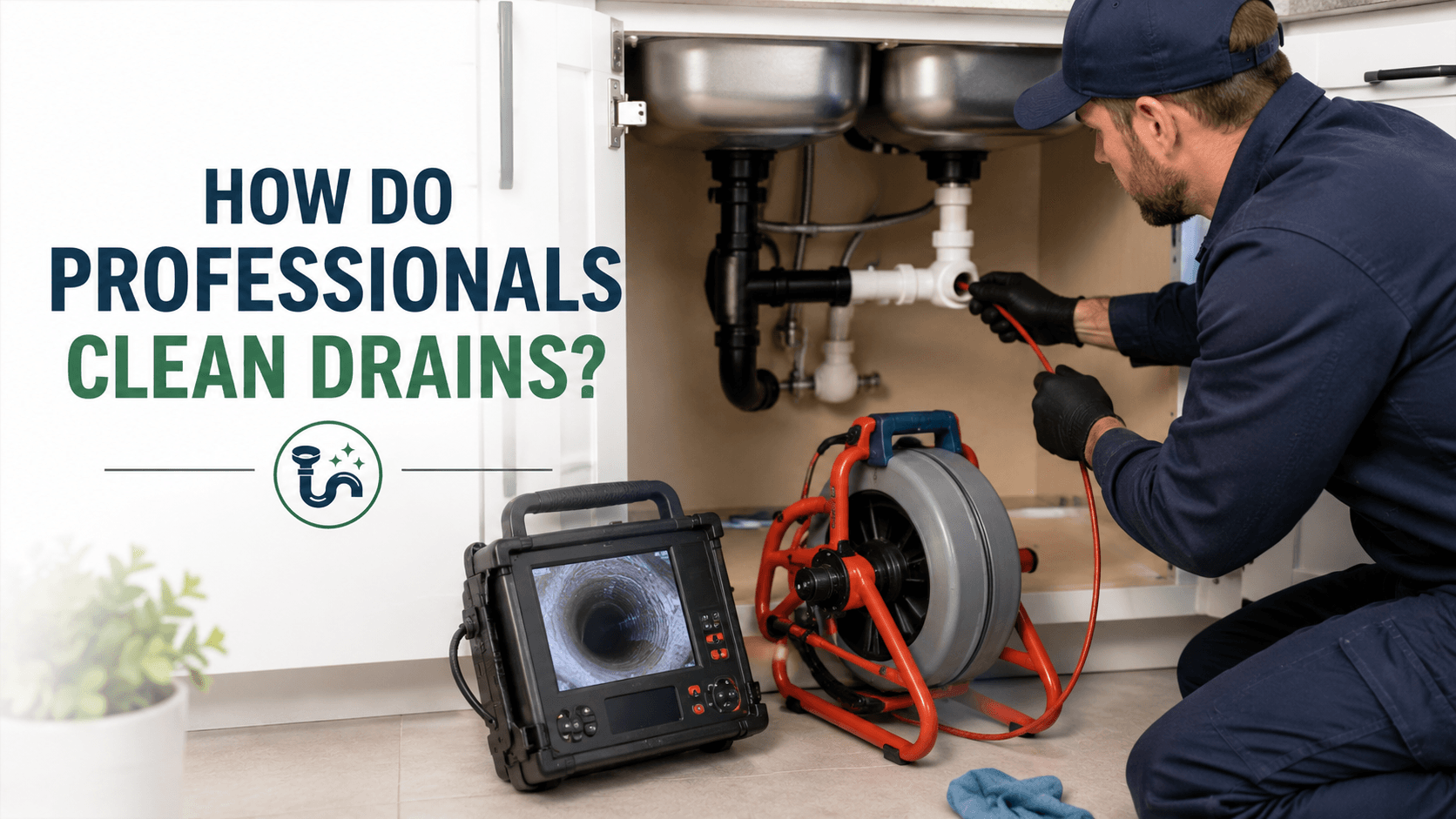 Professional plumber using a drain cleaning machine and inspection camera to clear a clogged drain beneath a kitchen sink.