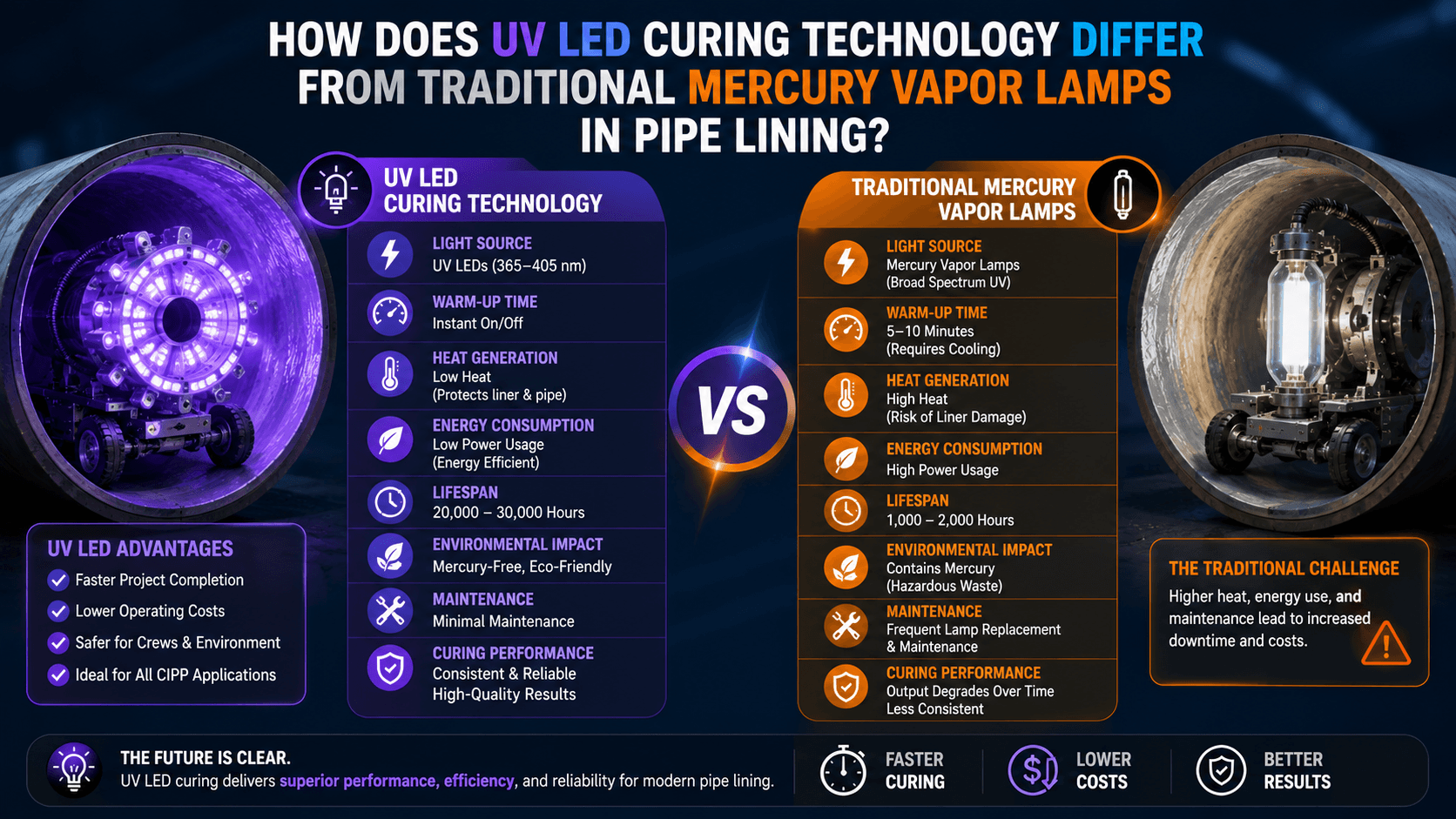 Comparison of UV LED curing technology and traditional mercury vapor lamps used in CIPP pipe lining, highlighting curing speed, energy efficiency, heat output, and maintenance differences.