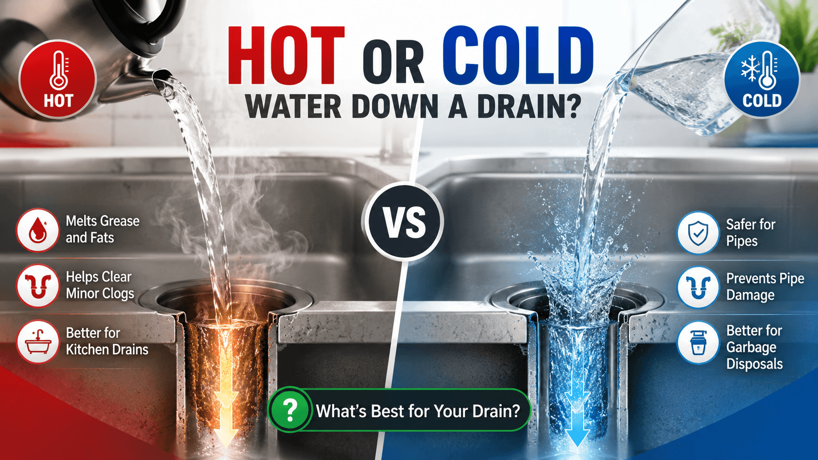 Comparison of pouring hot vs. cold water down a kitchen drain, showing their effects on grease, clogs, pipe safety, and drain maintenance.