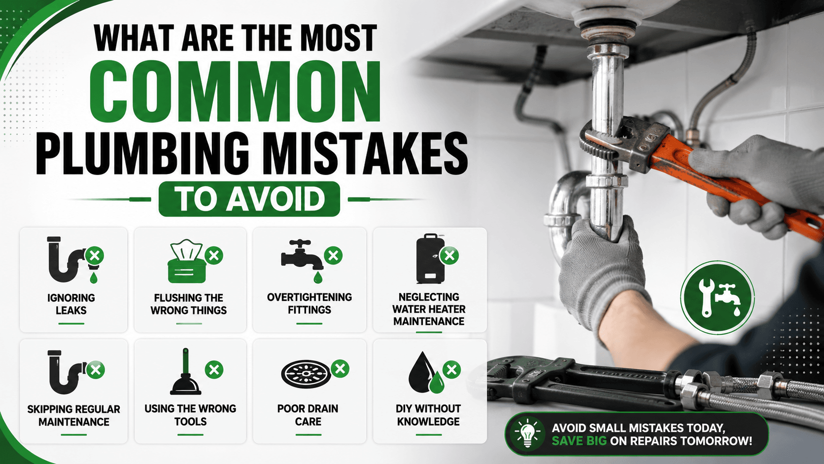 Plumber repairing pipes under a kitchen sink with icons highlighting common plumbing mistakes to avoid, including leaks, clogged drains, overtightening fittings, and poor maintenance.